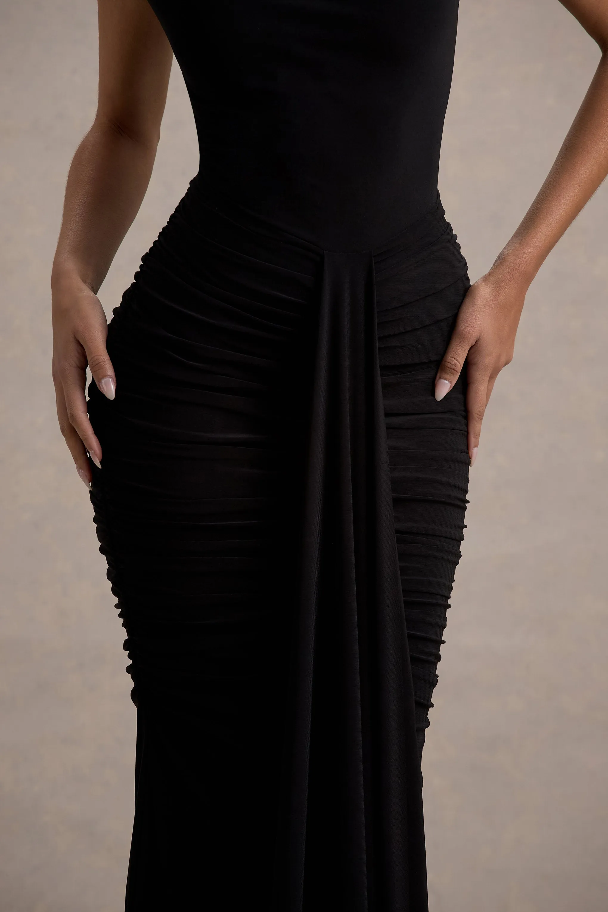 Lorenza | Black High-Neck Ruched Maxi Dress With Draped Skirt Club L London