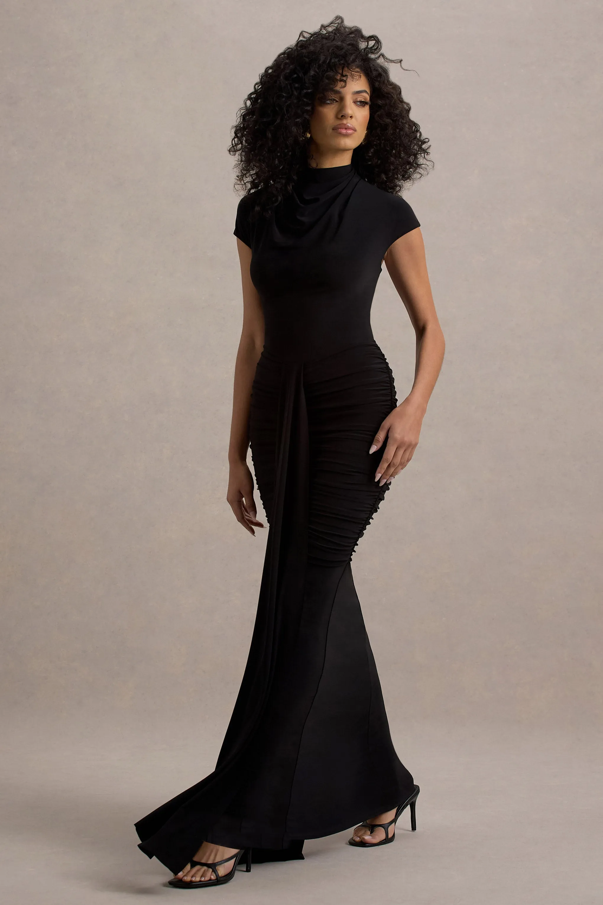 Lorenza | Black High-Neck Ruched Maxi Dress With Draped Skirt Club L London