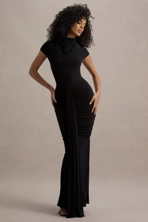 Lorenza | Black High-Neck Ruched Maxi Dress With Draped Skirt Club L London