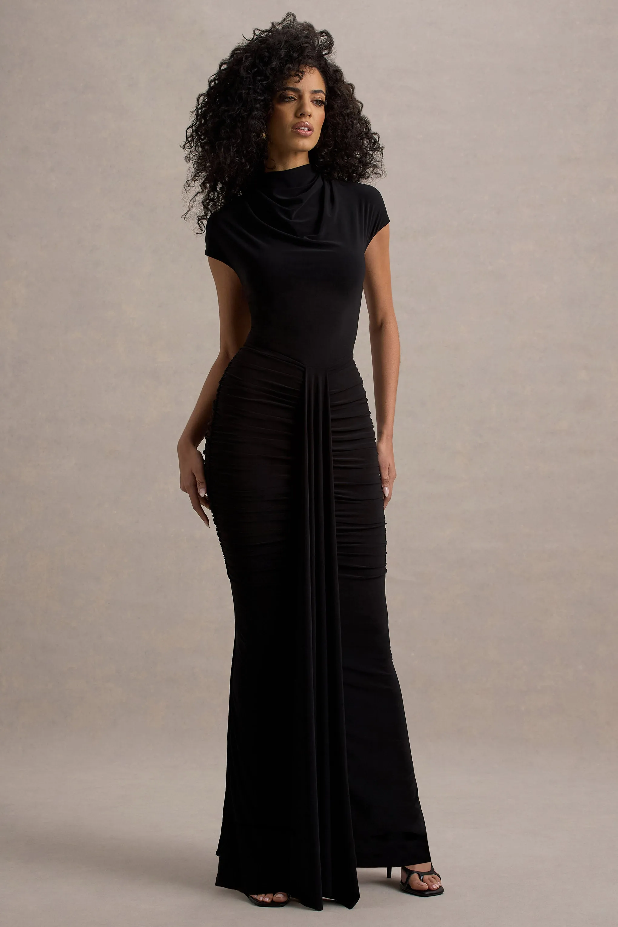 Lorenza | Black High-Neck Ruched Maxi Dress With Draped Skirt Club L London