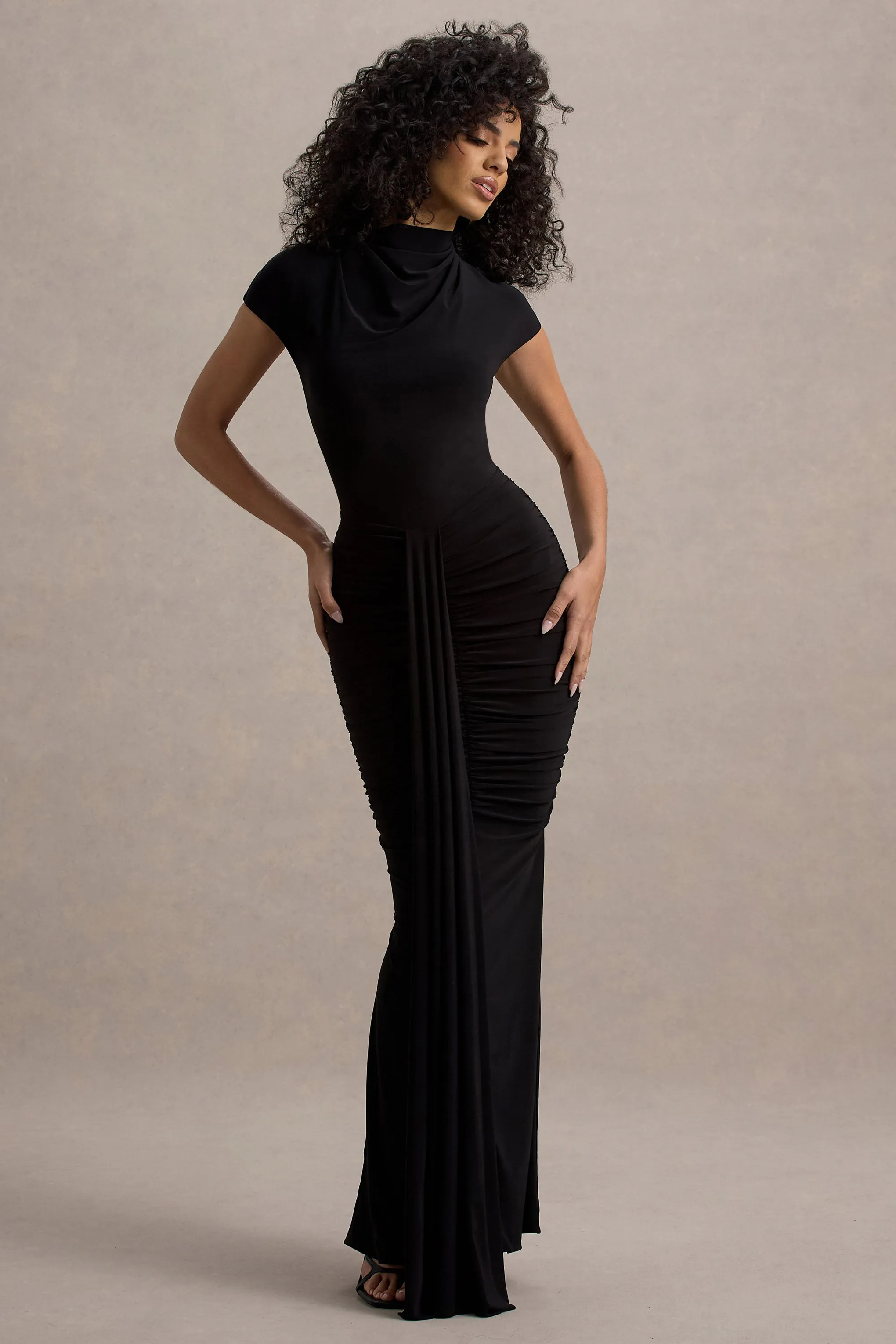 Lorenza | Black High-Neck Ruched Maxi Dress With Draped Skirt Club L London
