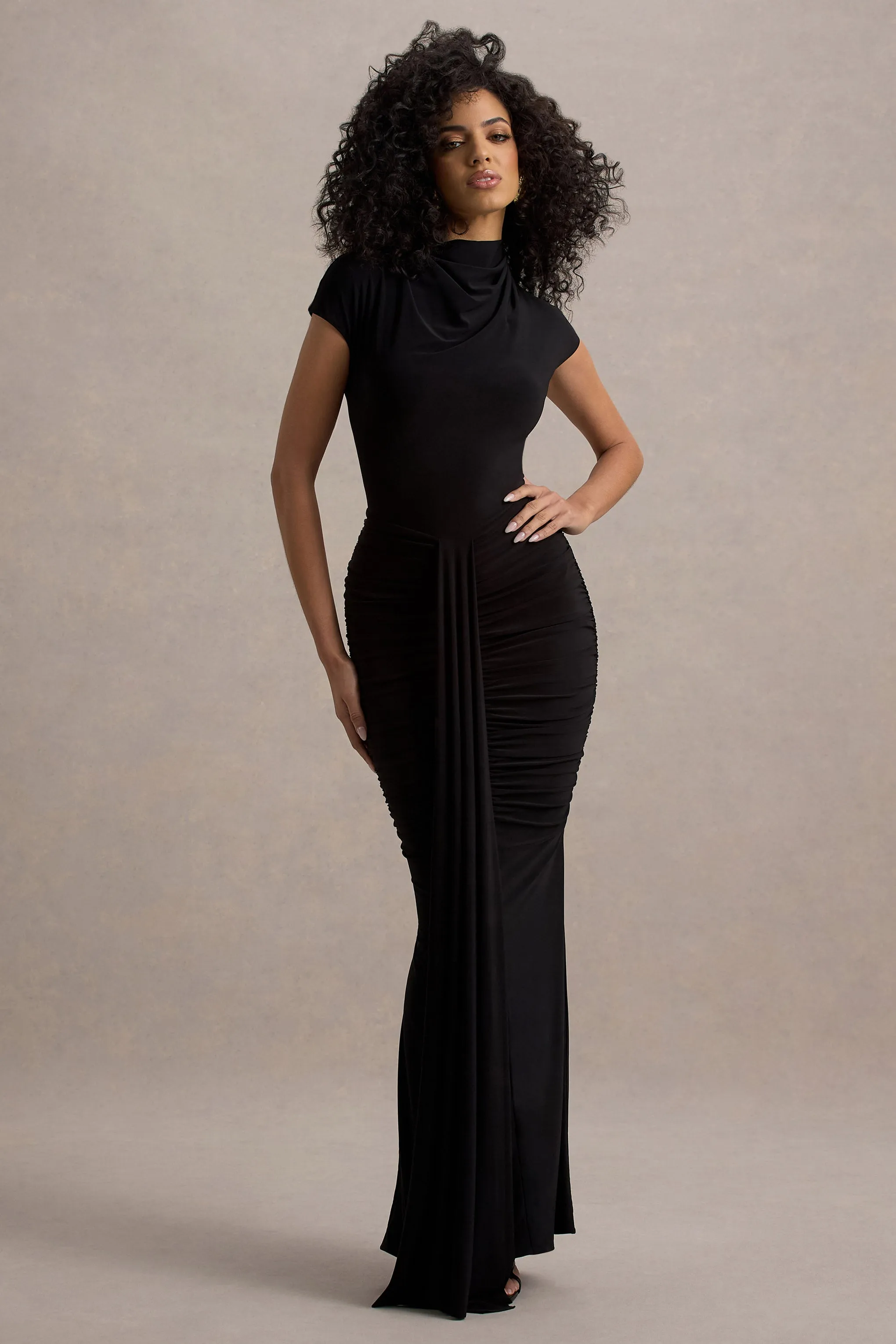Lorenza | Black High-Neck Ruched Maxi Dress With Draped Skirt Club L London