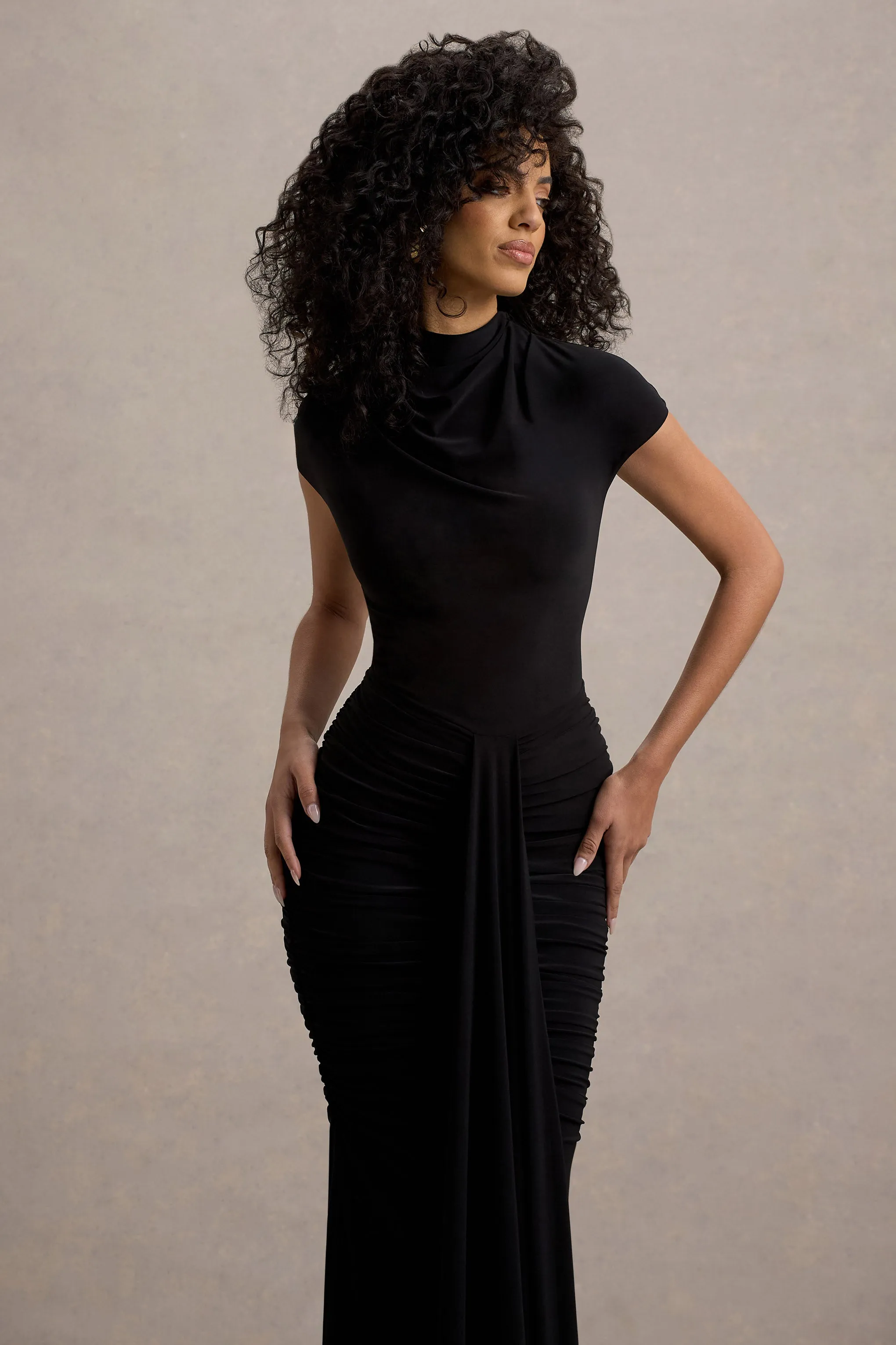 Lorenza | Black High-Neck Ruched Maxi Dress With Draped Skirt Club L London