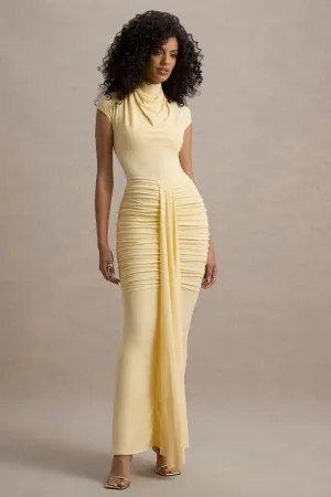 Lorenza | Pale Lemon High-Neck Ruched Maxi Dress With Draped Skirt Club L London
