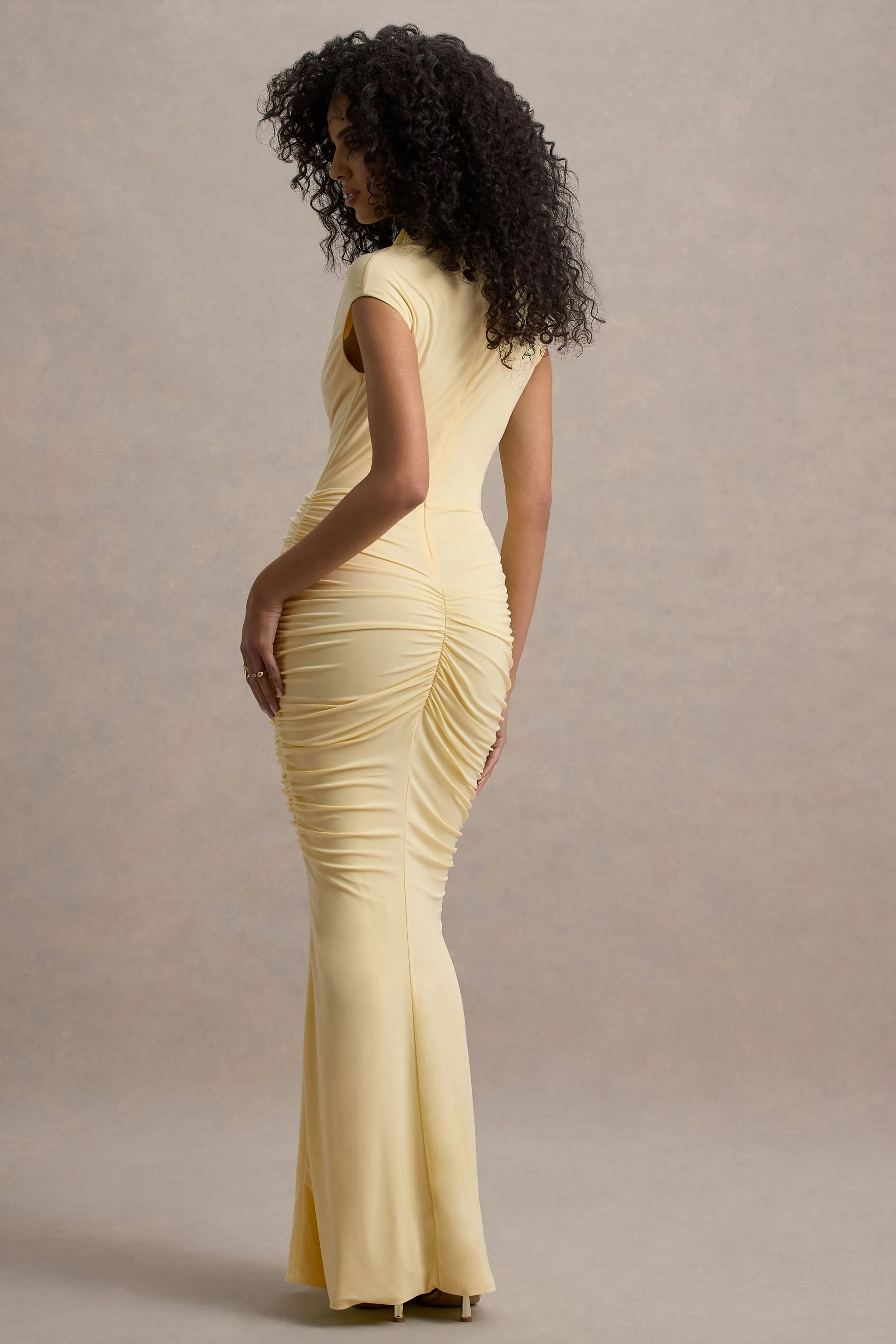 Lorenza | Pale Lemon High-Neck Ruched Maxi Dress With Draped Skirt Club L London