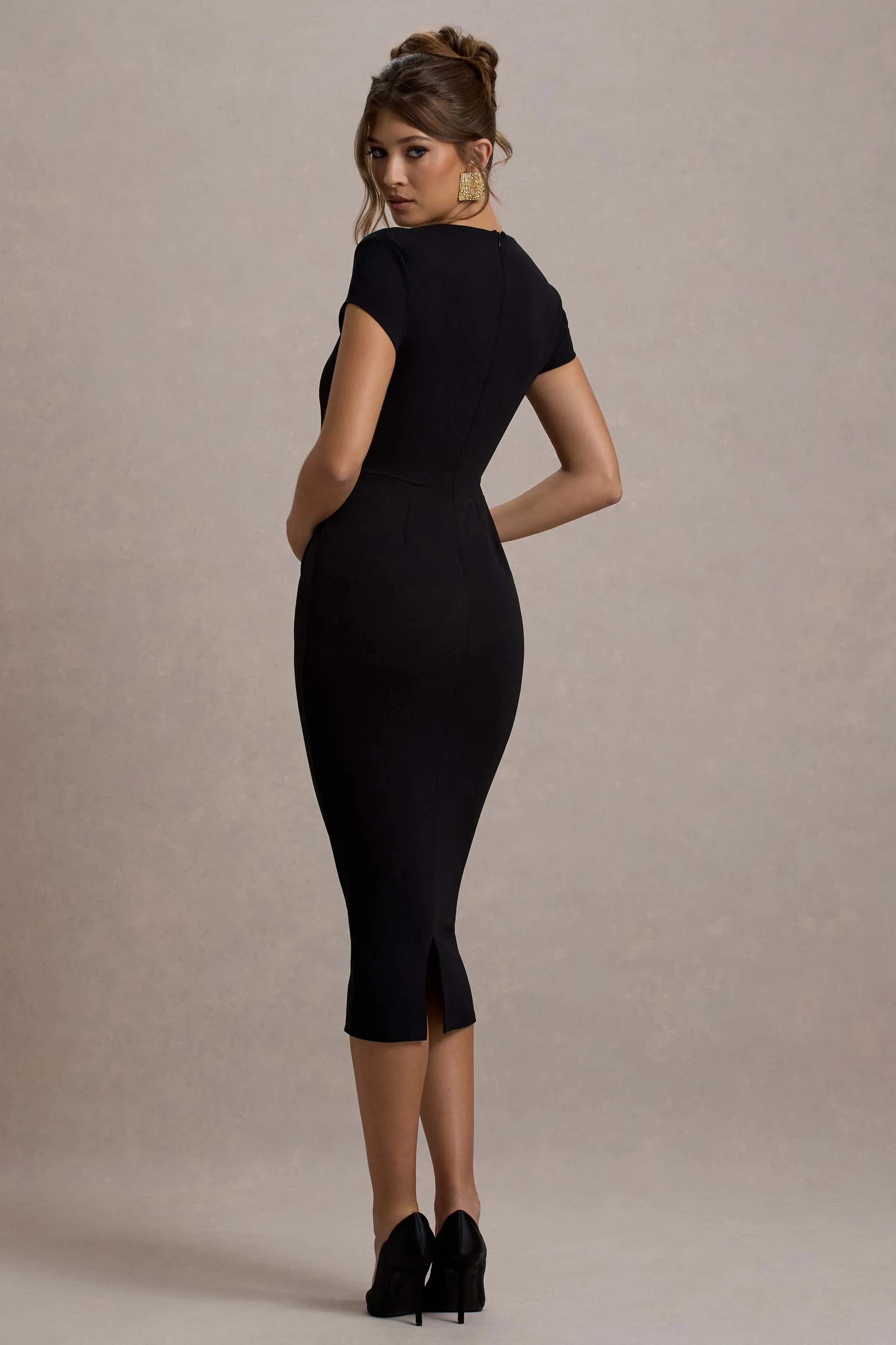 Lorenzie | Black Square-Neck Short-Sleeve Twist Midi Dress Club L London