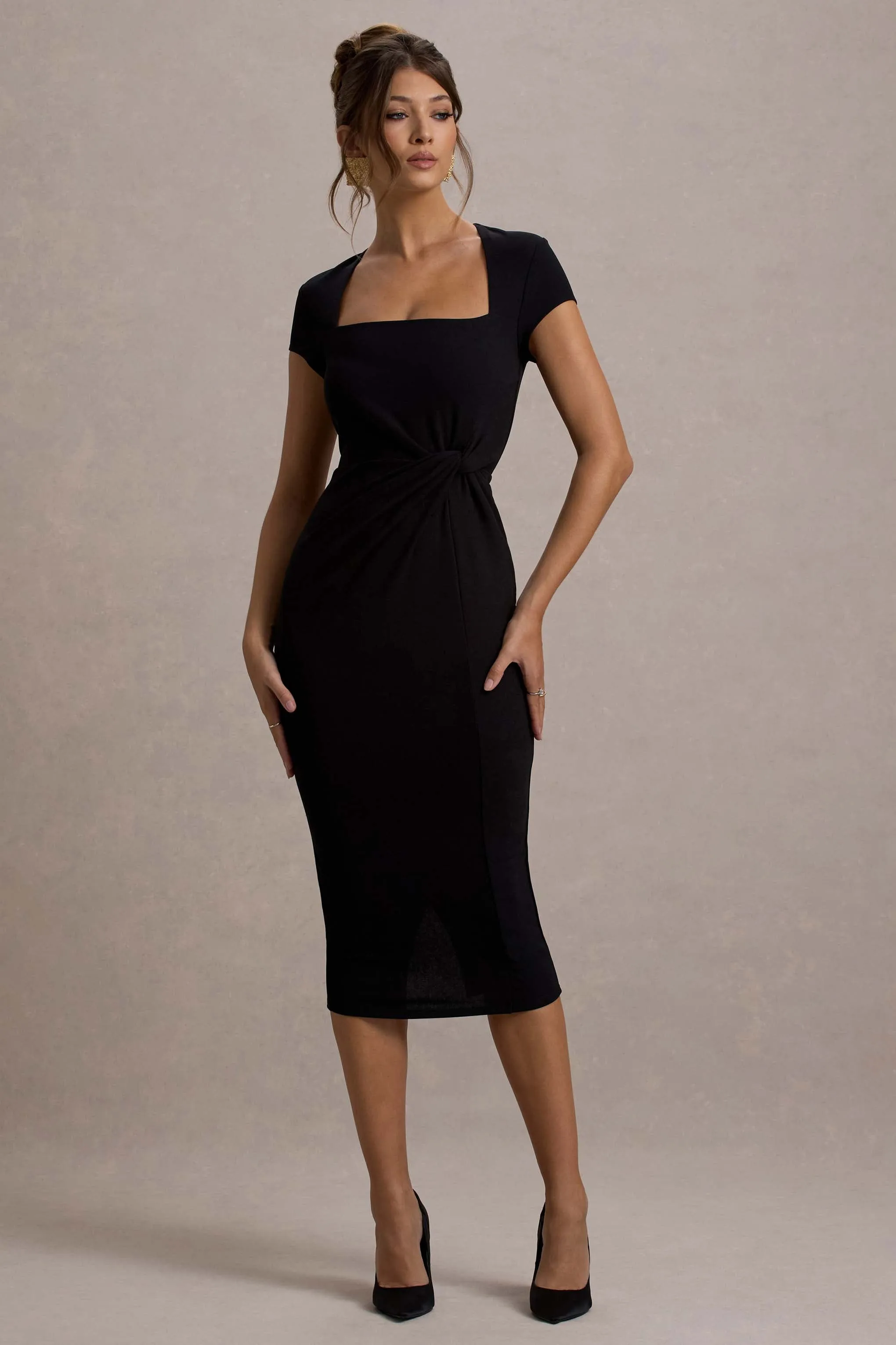 Lorenzie | Black Square-Neck Short-Sleeve Twist Midi Dress Club L London