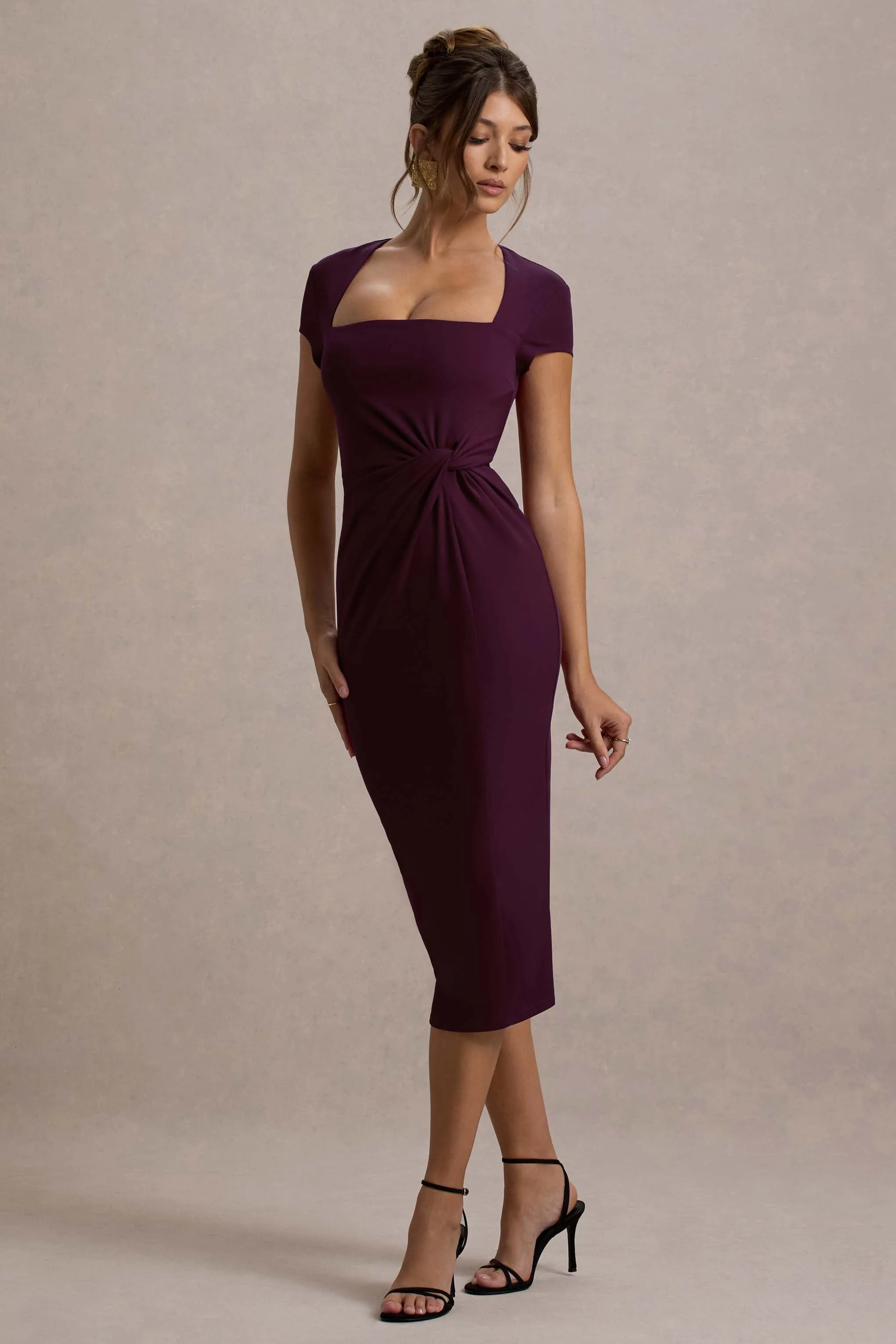 Lorenzie | Plum Square-Neck Short-Sleeve Twist Midi Dress Club L London