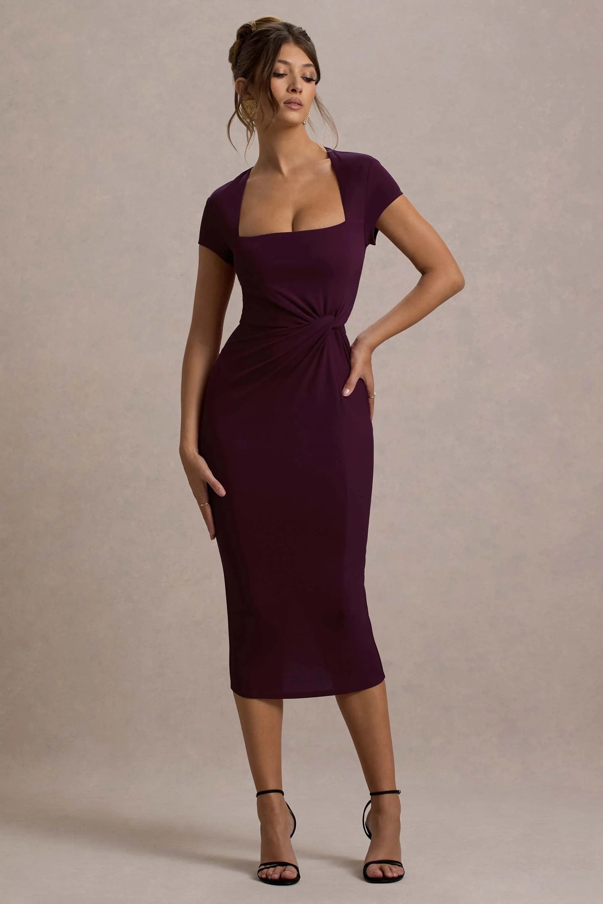 Lorenzie | Plum Square-Neck Short-Sleeve Twist Midi Dress Club L London