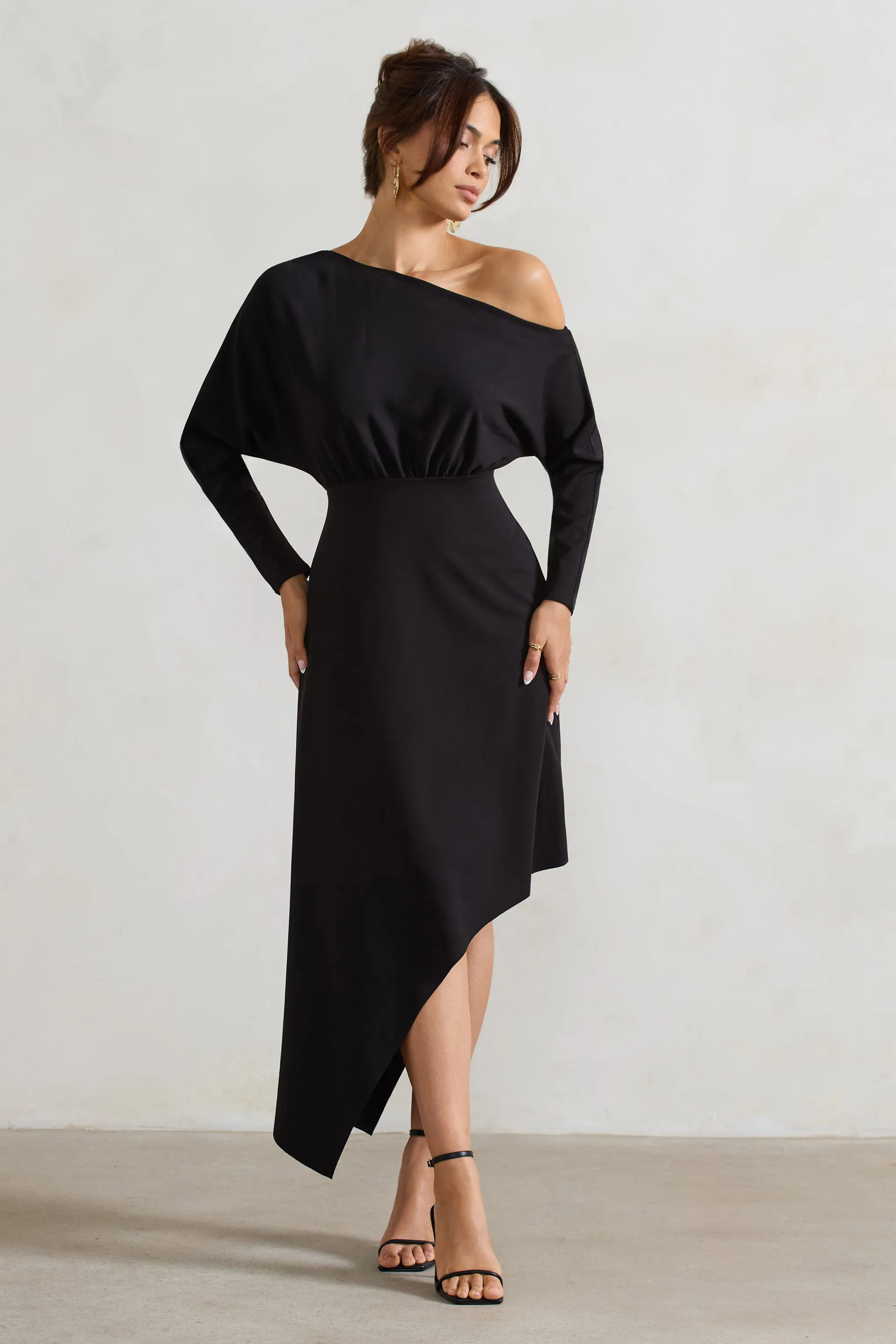 Lori | Black Asymmetric Long-Sleeve Maxi Dress Club L London