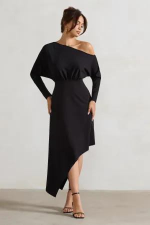 Lori | Black Asymmetric Long-Sleeve Maxi Dress Club L London
