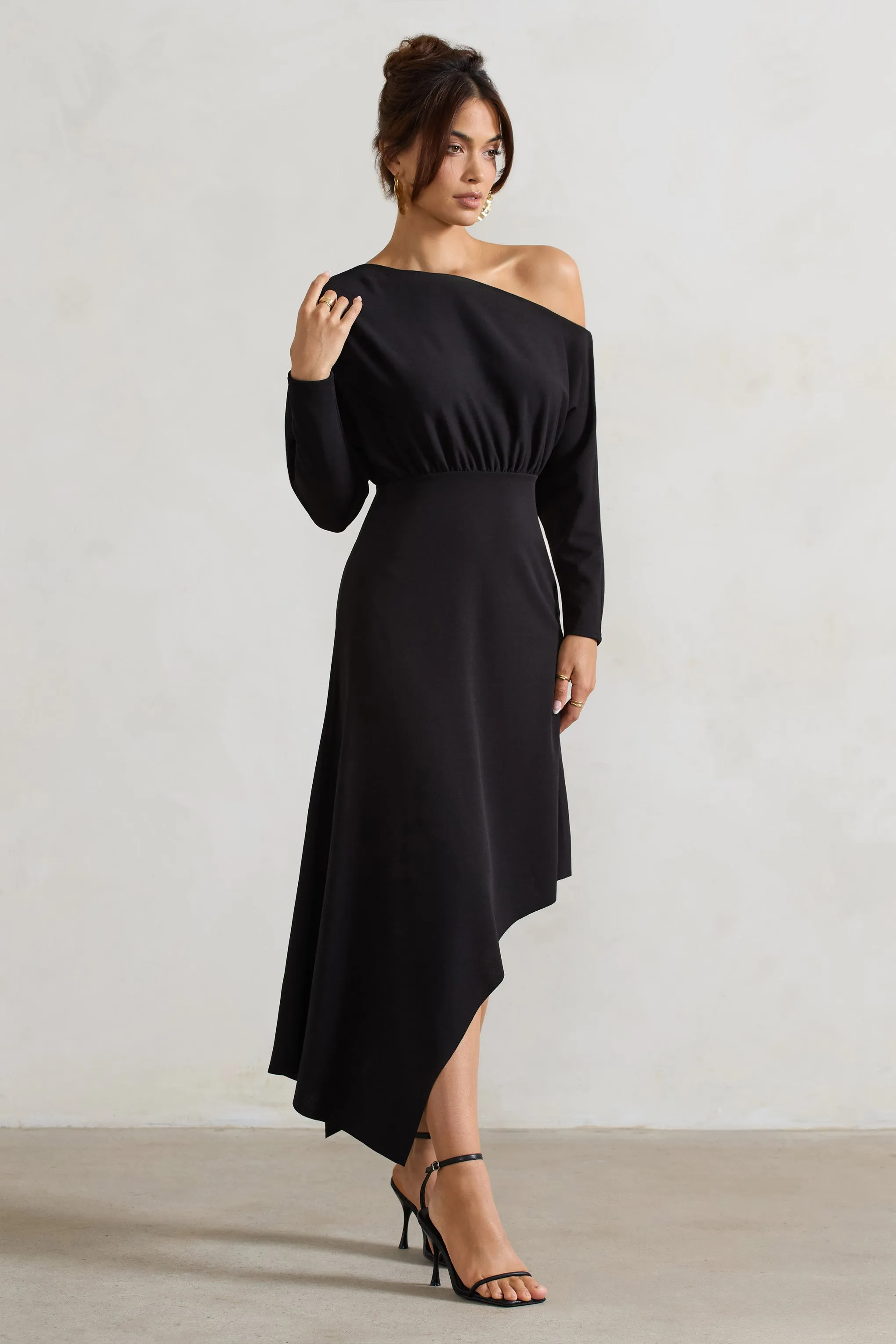 Lori | Black Asymmetric Long-Sleeve Maxi Dress Club L London