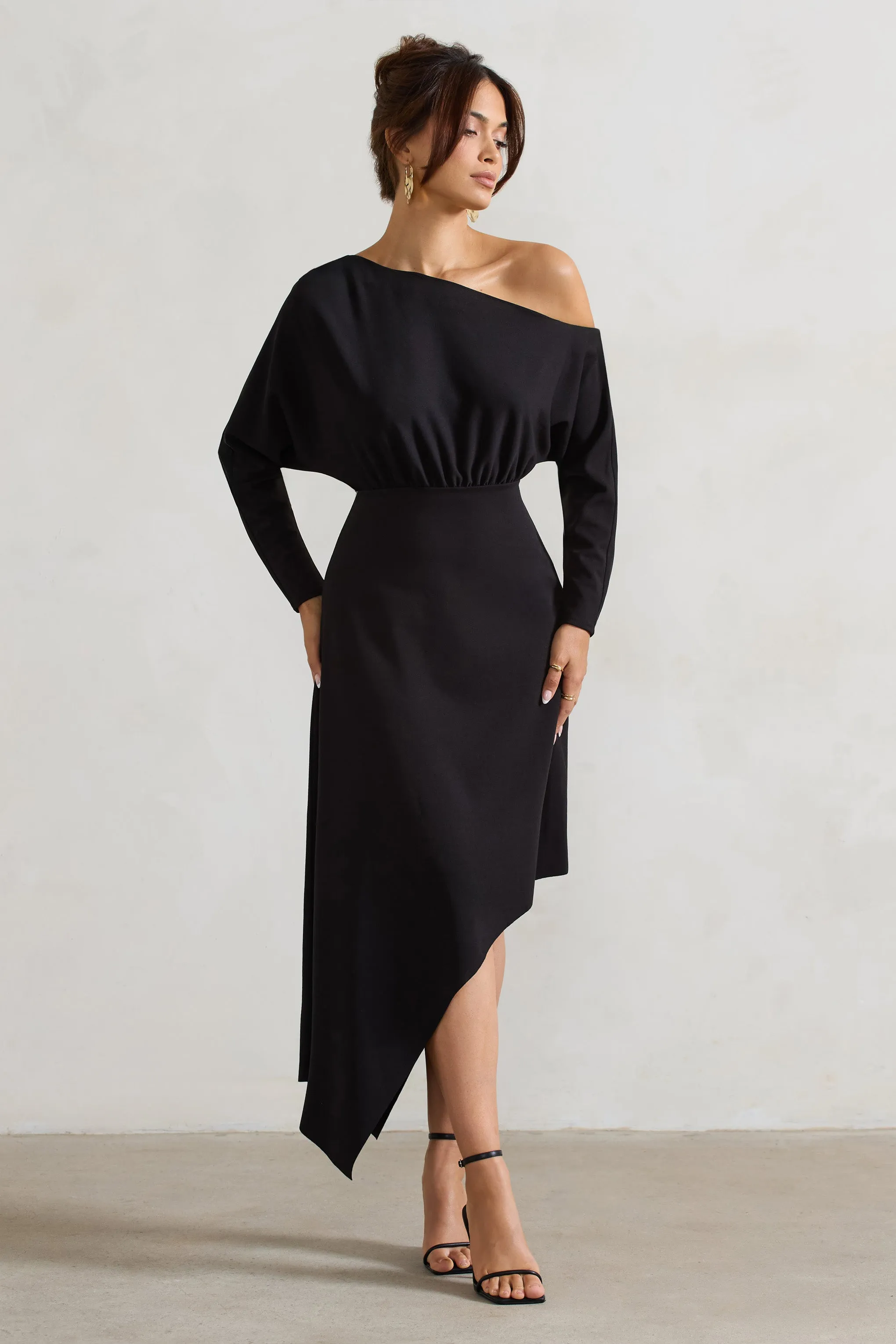 Lori | Black Asymmetric Long-Sleeve Maxi Dress Club L London