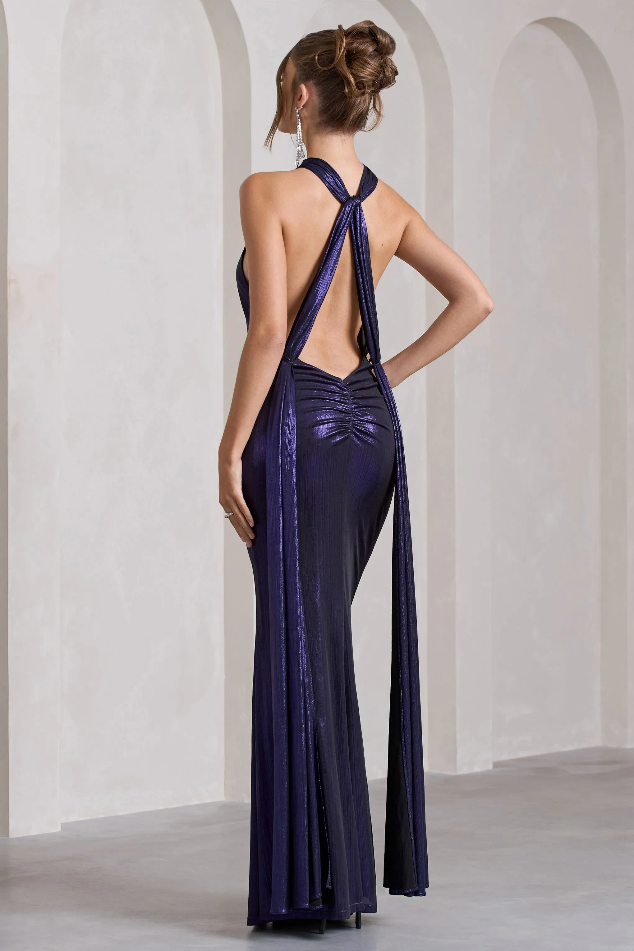 Lost | Purple Metallic Halter-Neck Cut-Out Split Maxi Dress With Drape Club L London