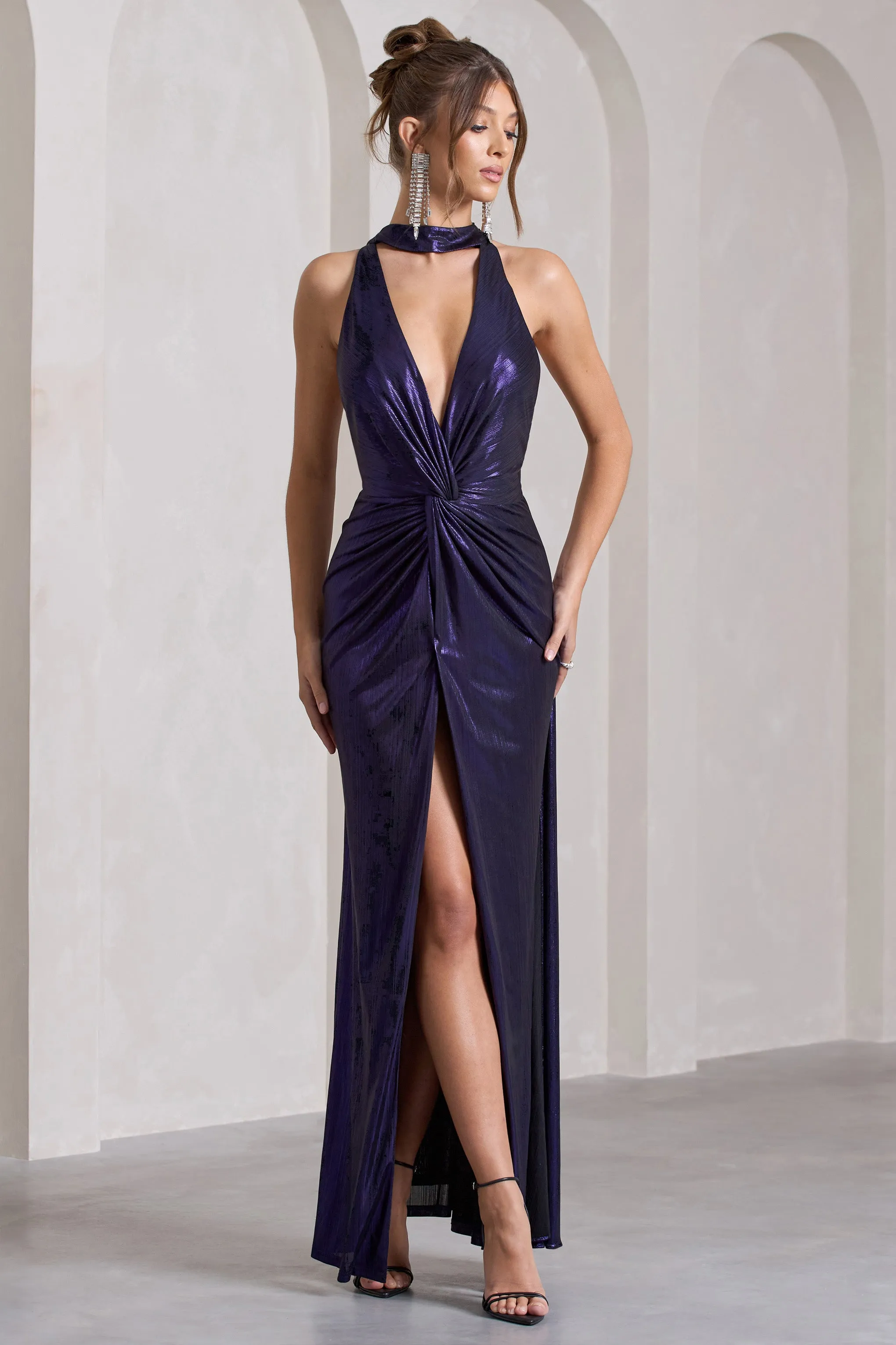 Lost | Purple Metallic Halter-Neck Cut-Out Split Maxi Dress With Drape Club L London