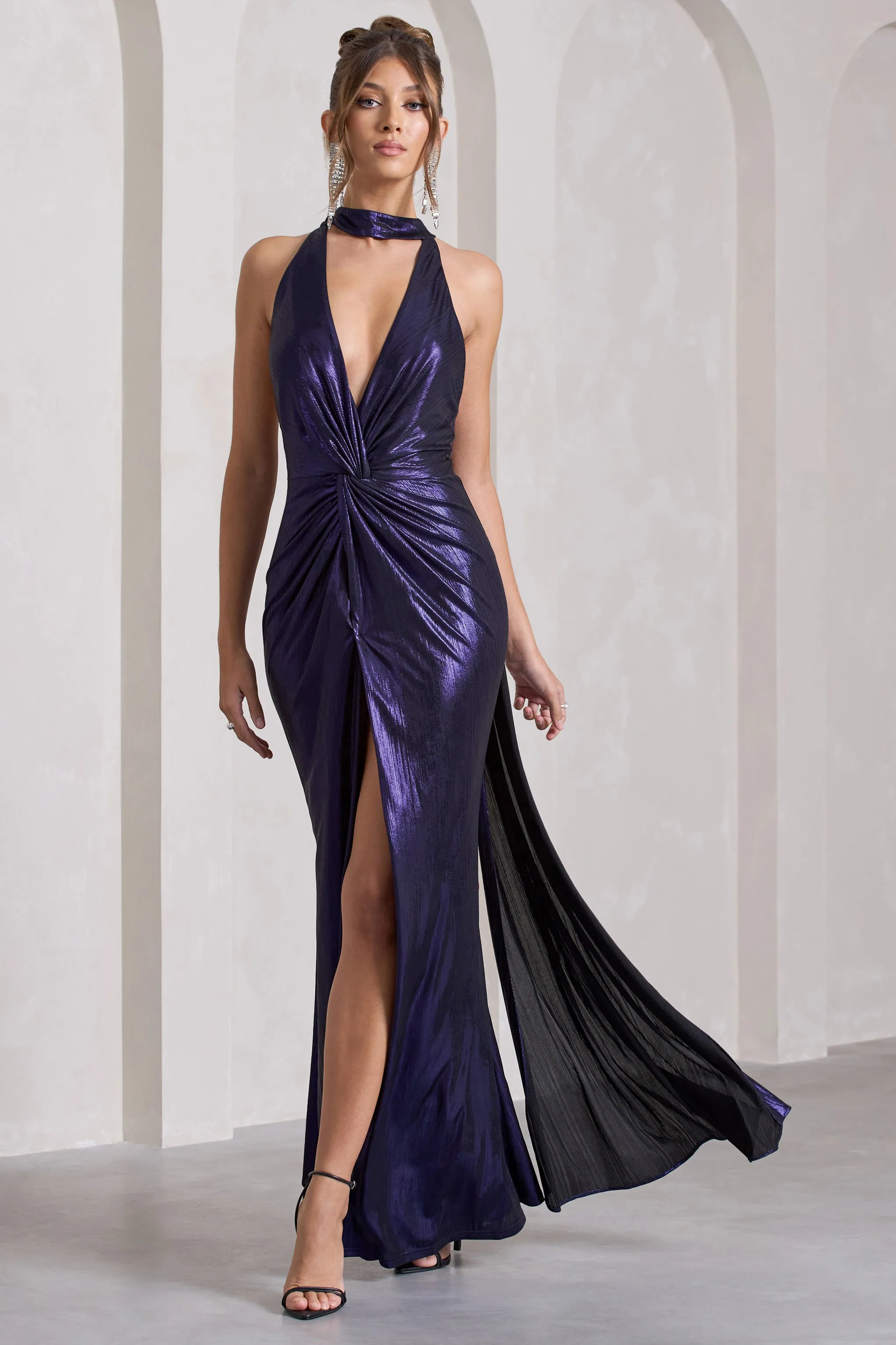 Lost | Purple Metallic Halter-Neck Cut-Out Split Maxi Dress With Drape Club L London
