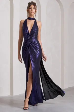 Lost | Purple Metallic Halter-Neck Cut-Out Split Maxi Dress With Drape Club L London