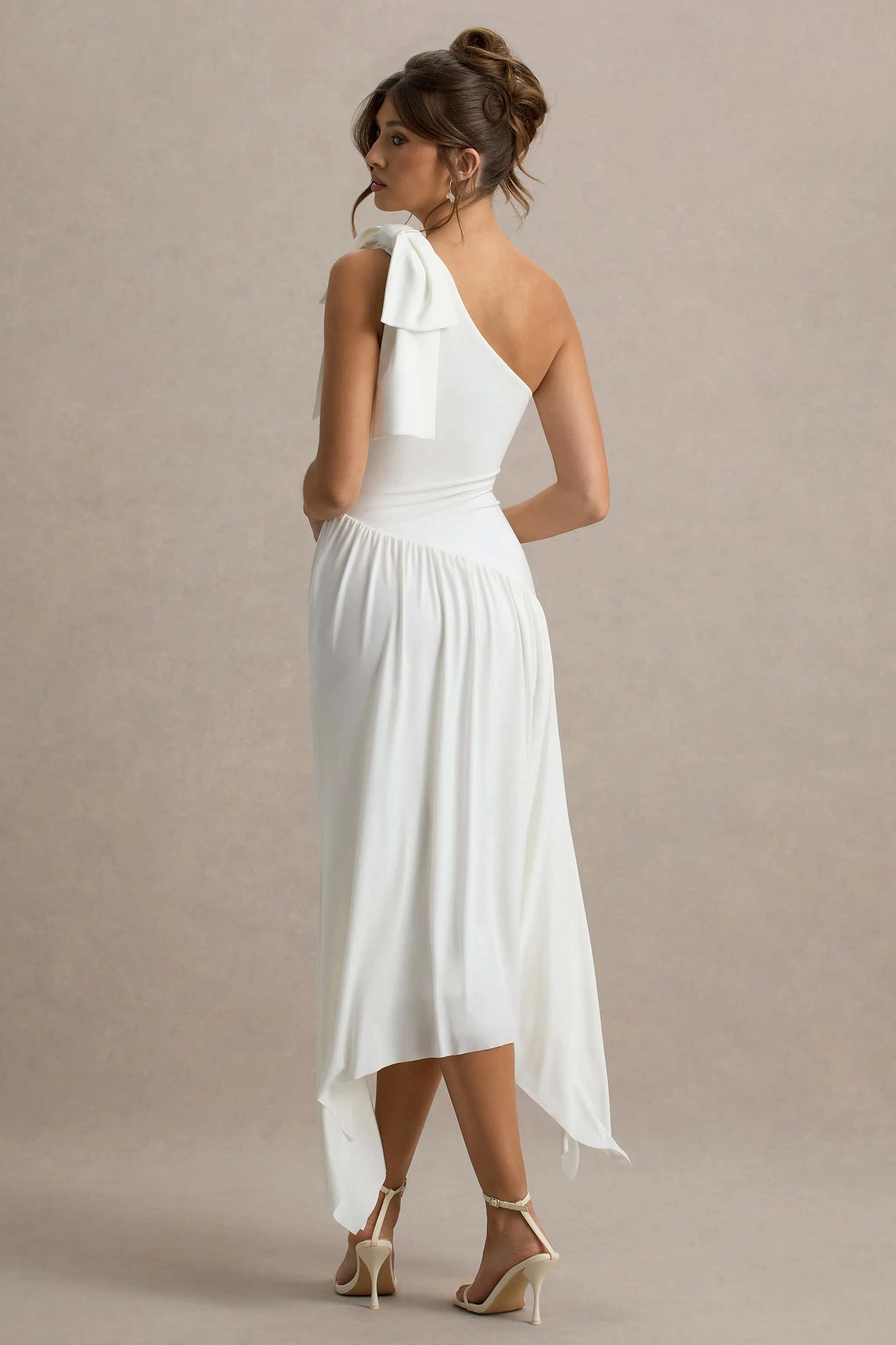 Lotus Love | White One-Shoulder Hanky-Hem Maxi Dress With Bow Club L London