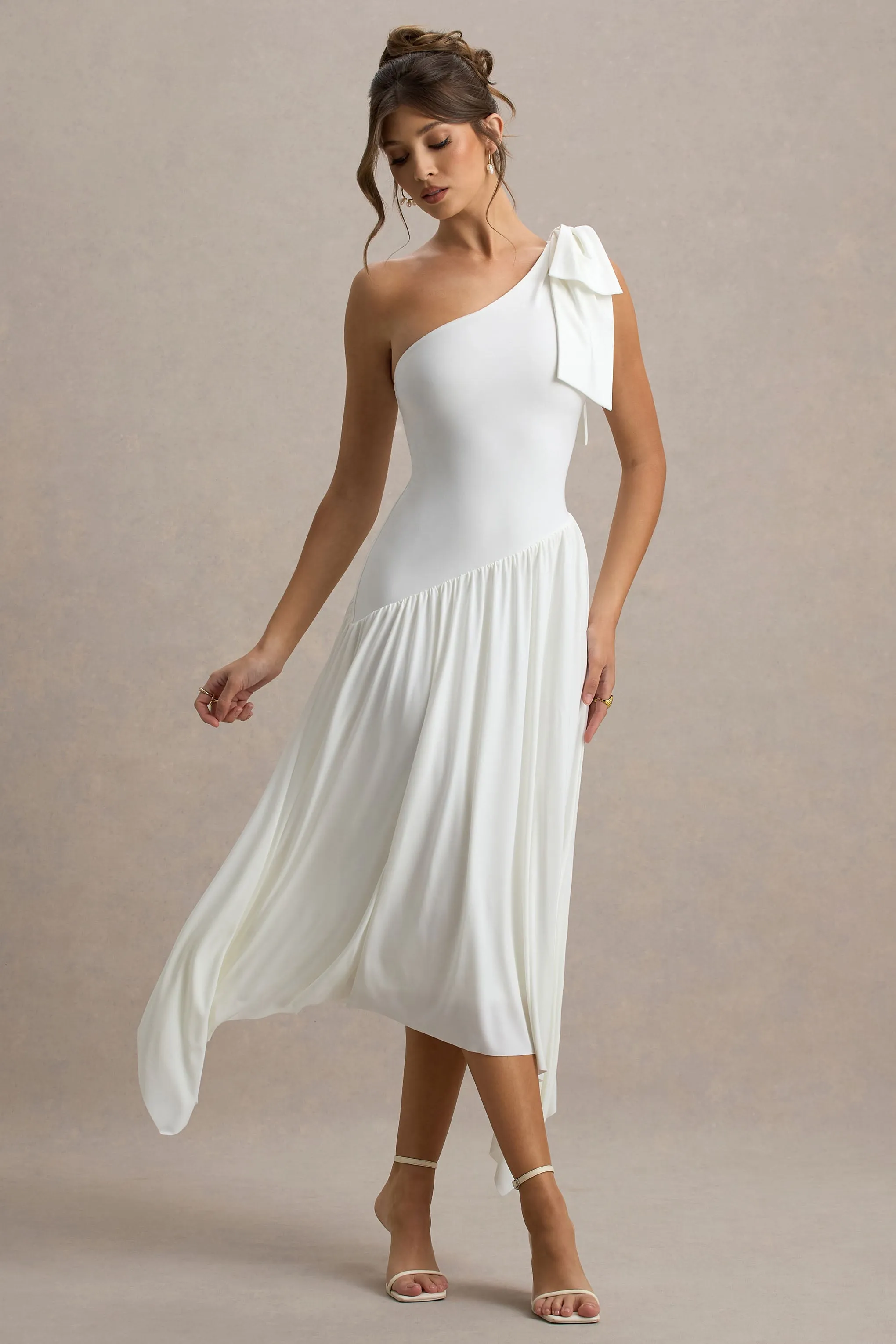 Lotus Love | White One-Shoulder Hanky-Hem Maxi Dress With Bow Club L London