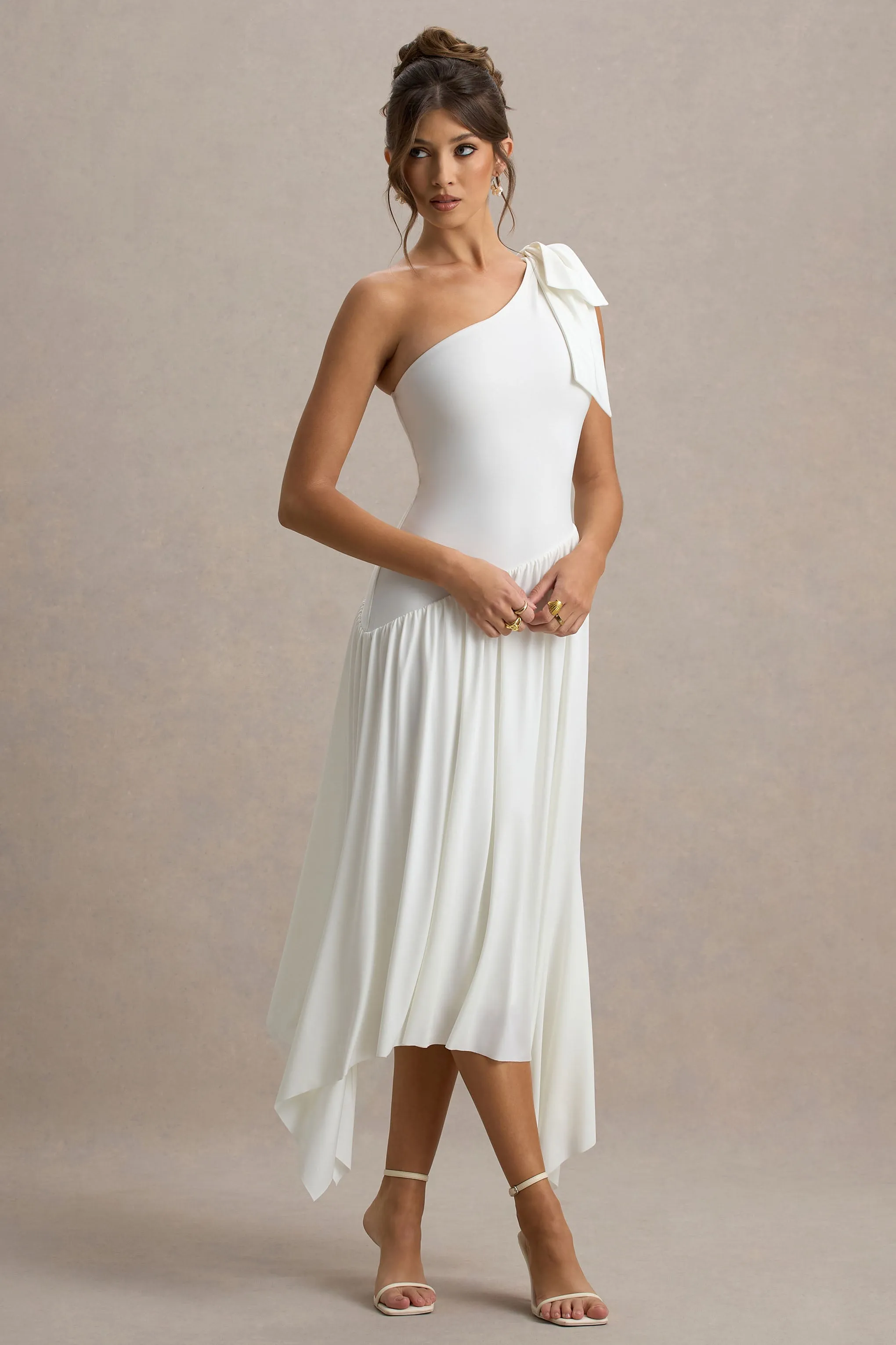 Lotus Love | White One-Shoulder Hanky-Hem Maxi Dress With Bow Club L London