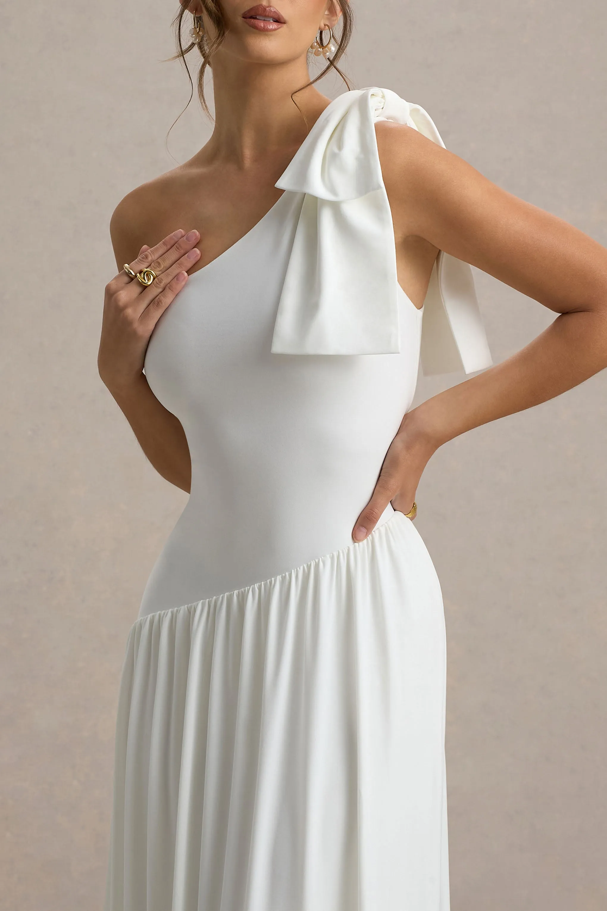 Lotus Love | White One-Shoulder Hanky-Hem Maxi Dress With Bow Club L London
