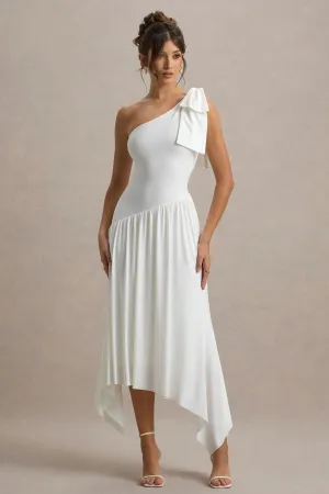 Lotus Love | White One-Shoulder Hanky-Hem Maxi Dress With Bow Club L London