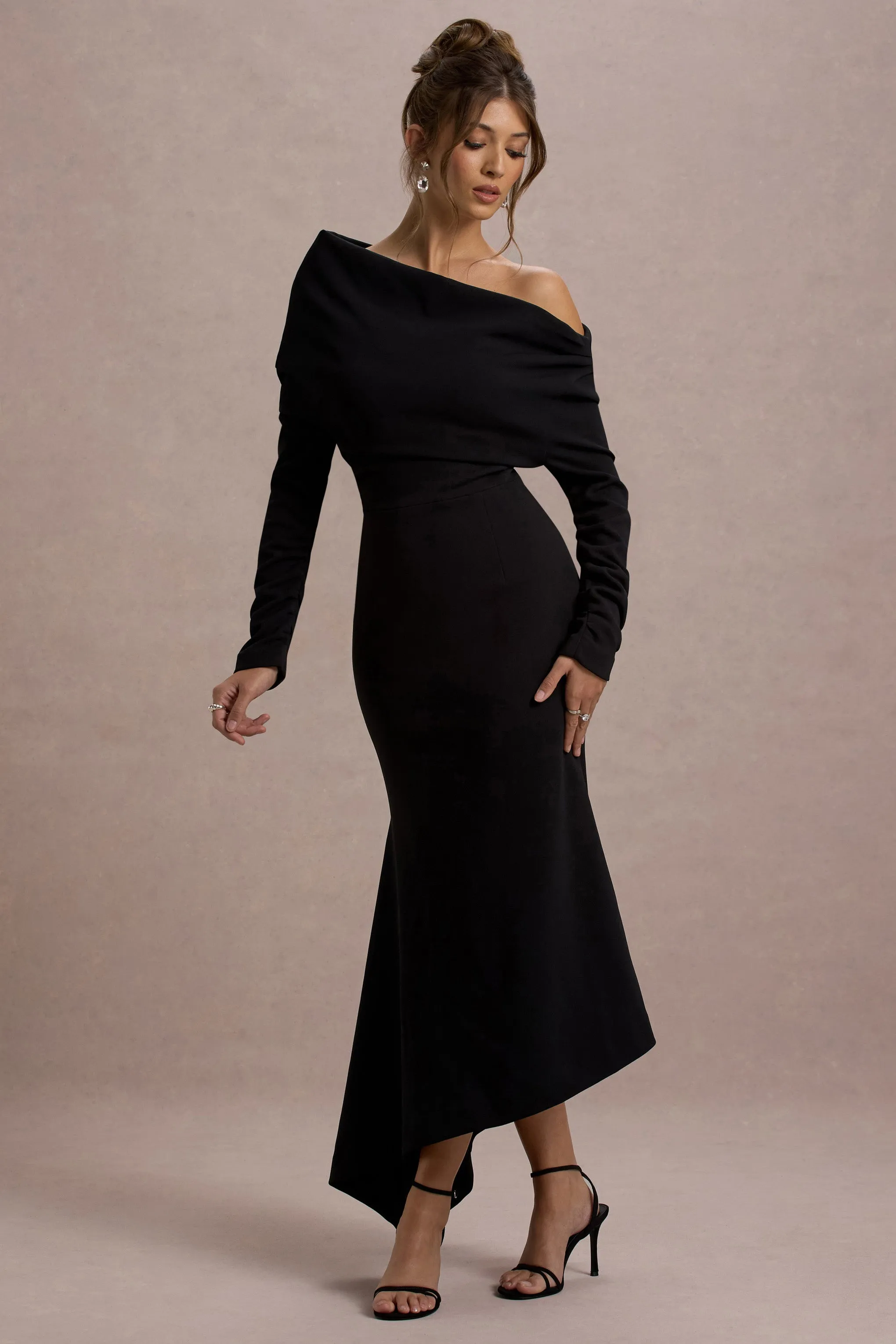 Lou | Black One-Shoulder Asymmetric Maxi Dress Club L London
