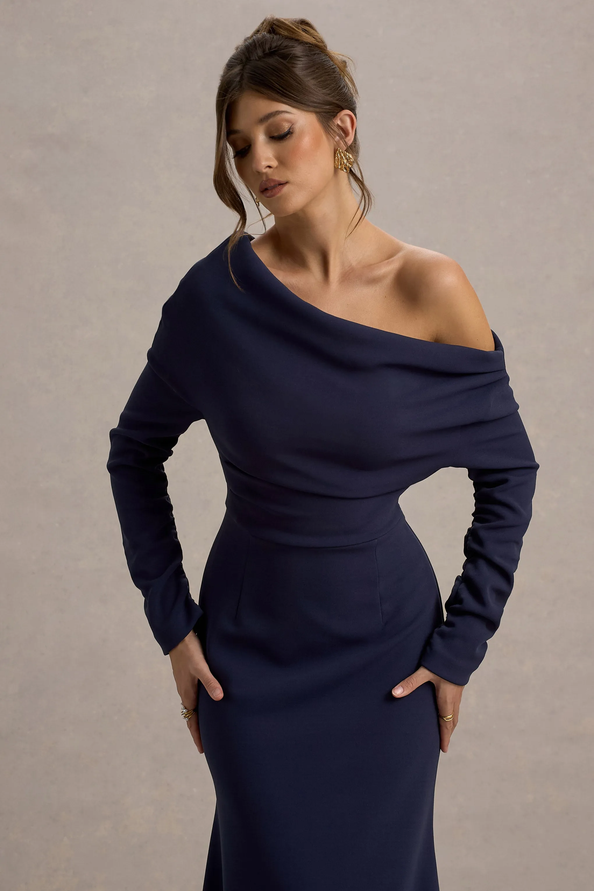 Lou | Navy One-Shoulder Asymmetric Maxi Dress Club L London