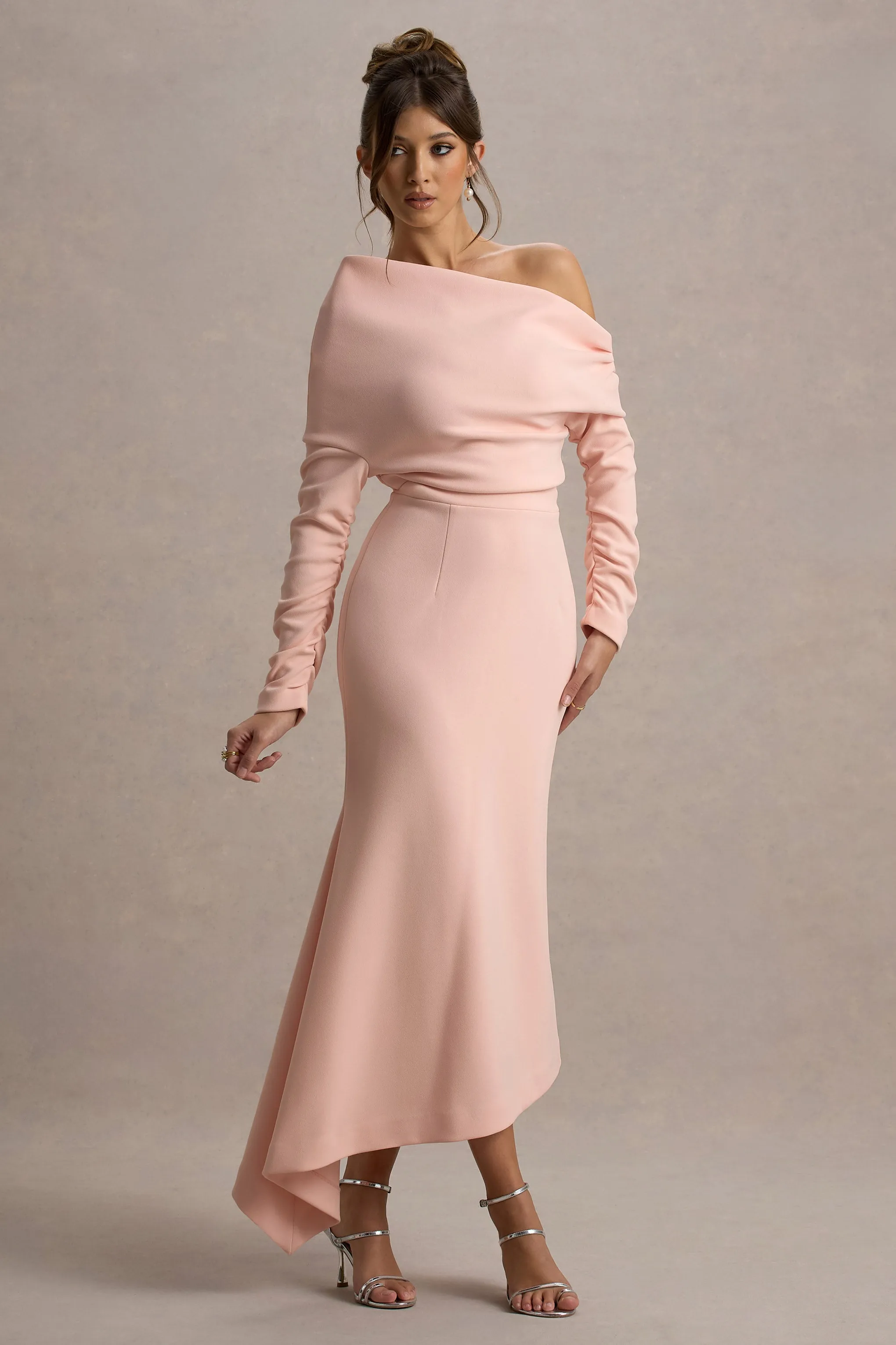 Lou | Pink One-Shoulder Asymmetric Maxi Dress Club L London