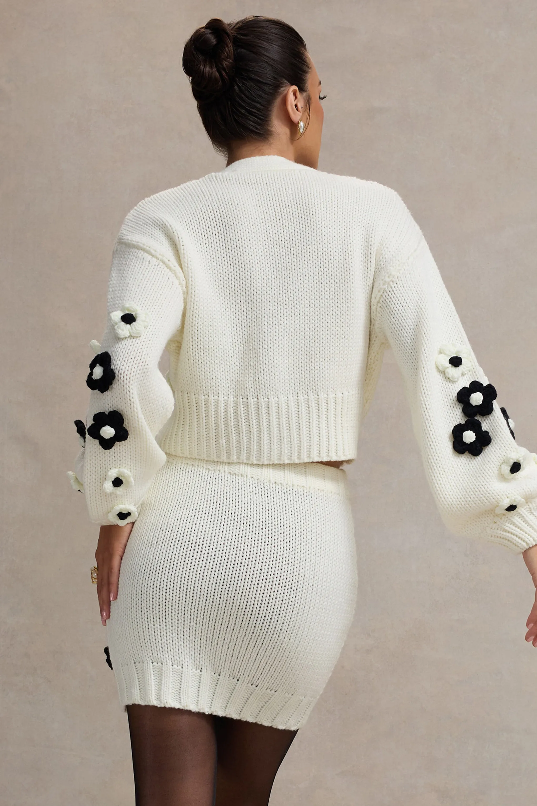 Louvre | Cream & Black Knit Cropped Floral Cardigan Club L London