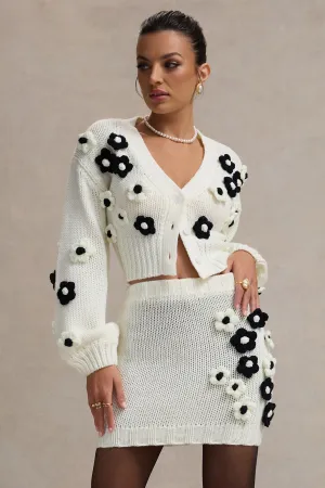 Louvre | Cream & Black Knit Cropped Floral Cardigan Club L London