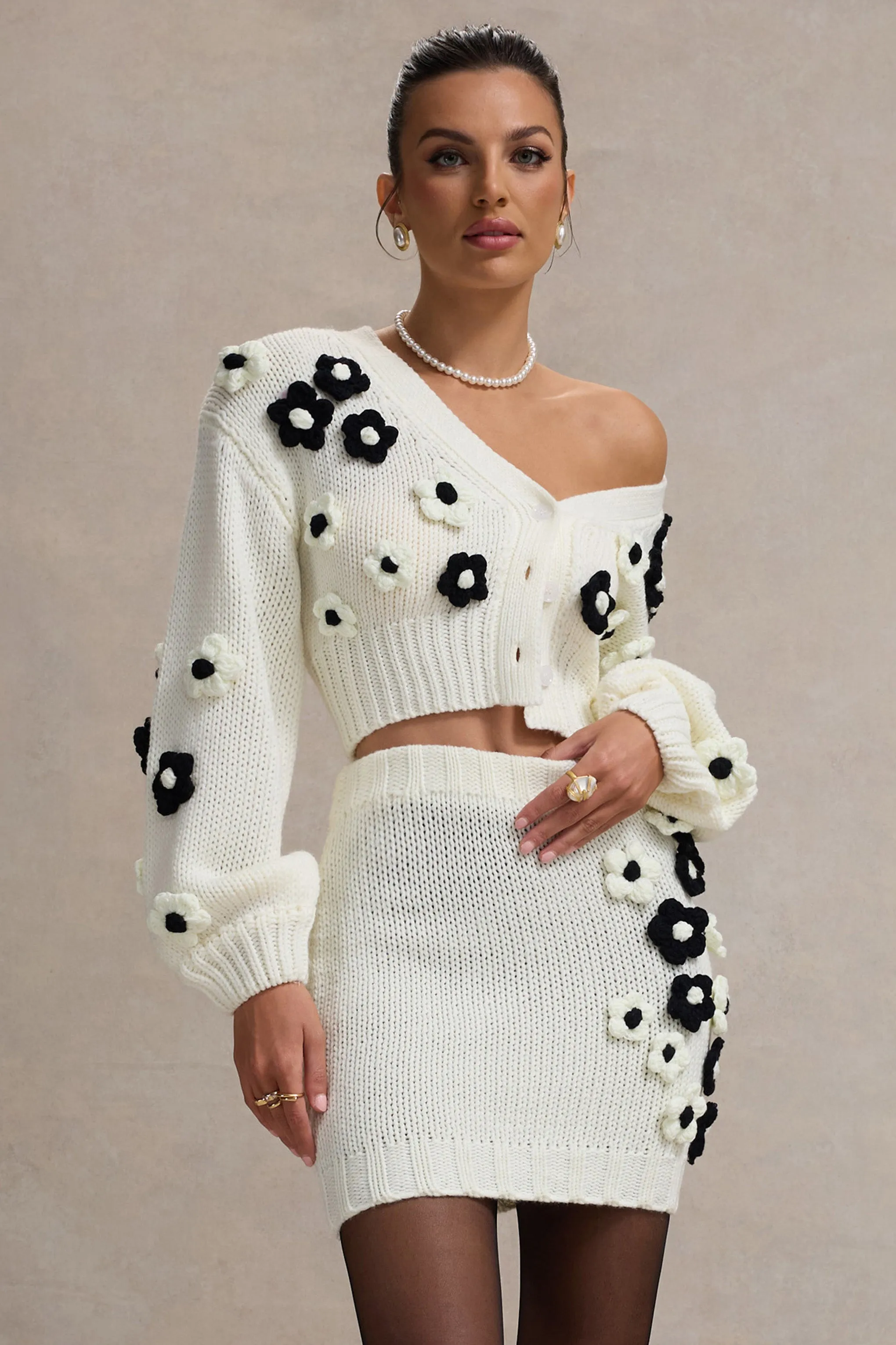 Louvre | Cream & Black Knit Cropped Floral Cardigan Club L London