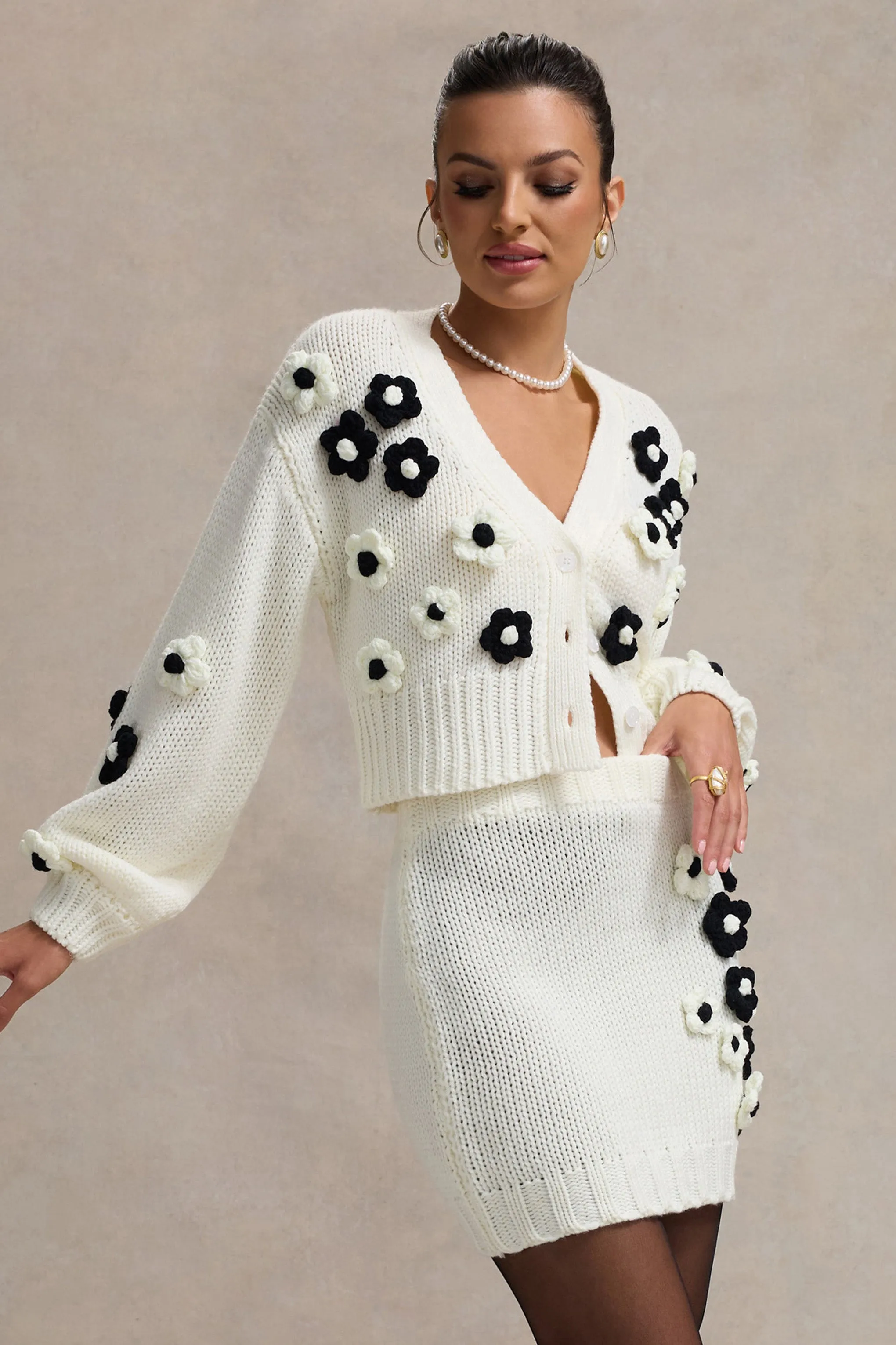 Louvre | Cream & Black Knit Cropped Floral Cardigan Club L London