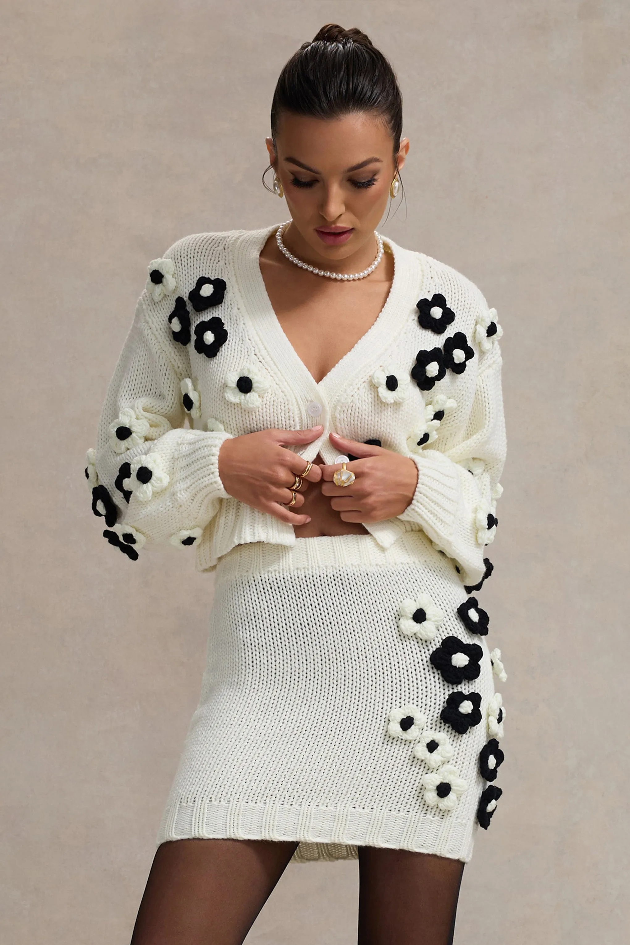 Louvre | Cream & Black Knit Cropped Floral Cardigan Club L London