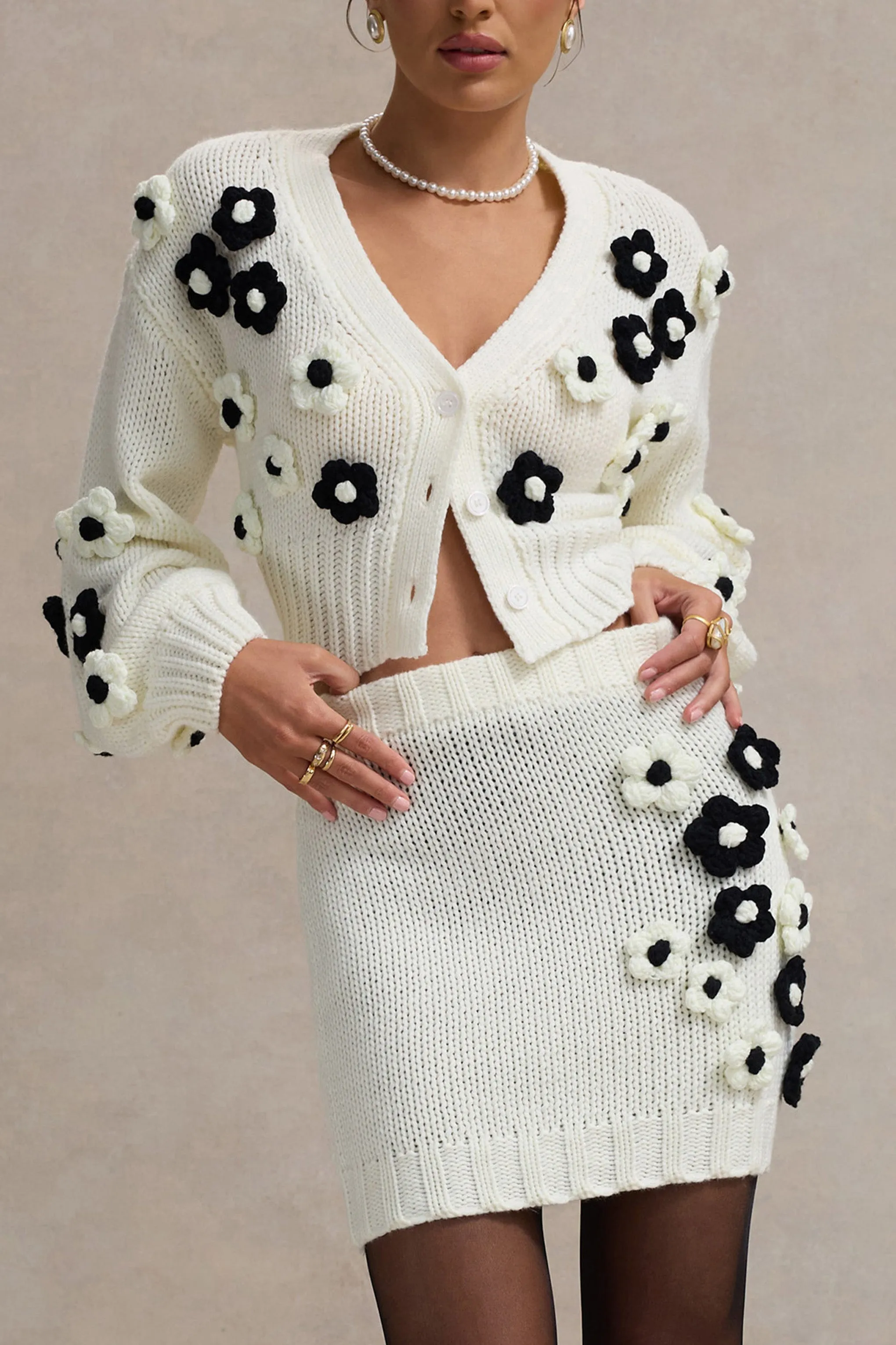 Louvre | Cream & Black Knit Cropped Floral Cardigan Club L London