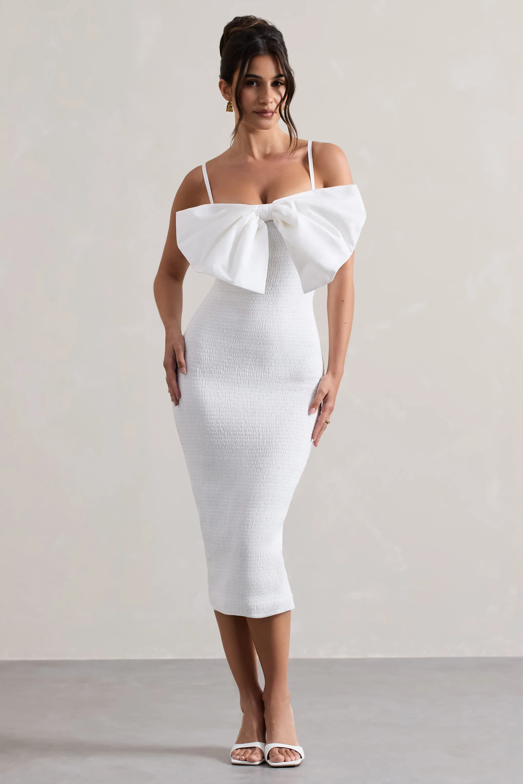 Love Poem | White Bodycon Midi Dress With Oversized Bow Club L London
