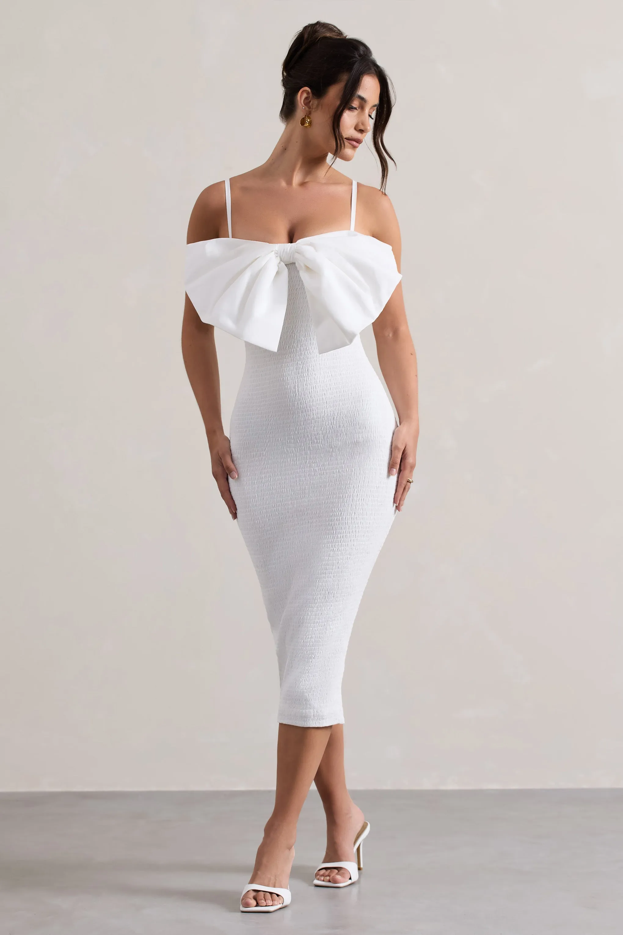 Love Poem | White Bodycon Midi Dress With Oversized Bow Club L London