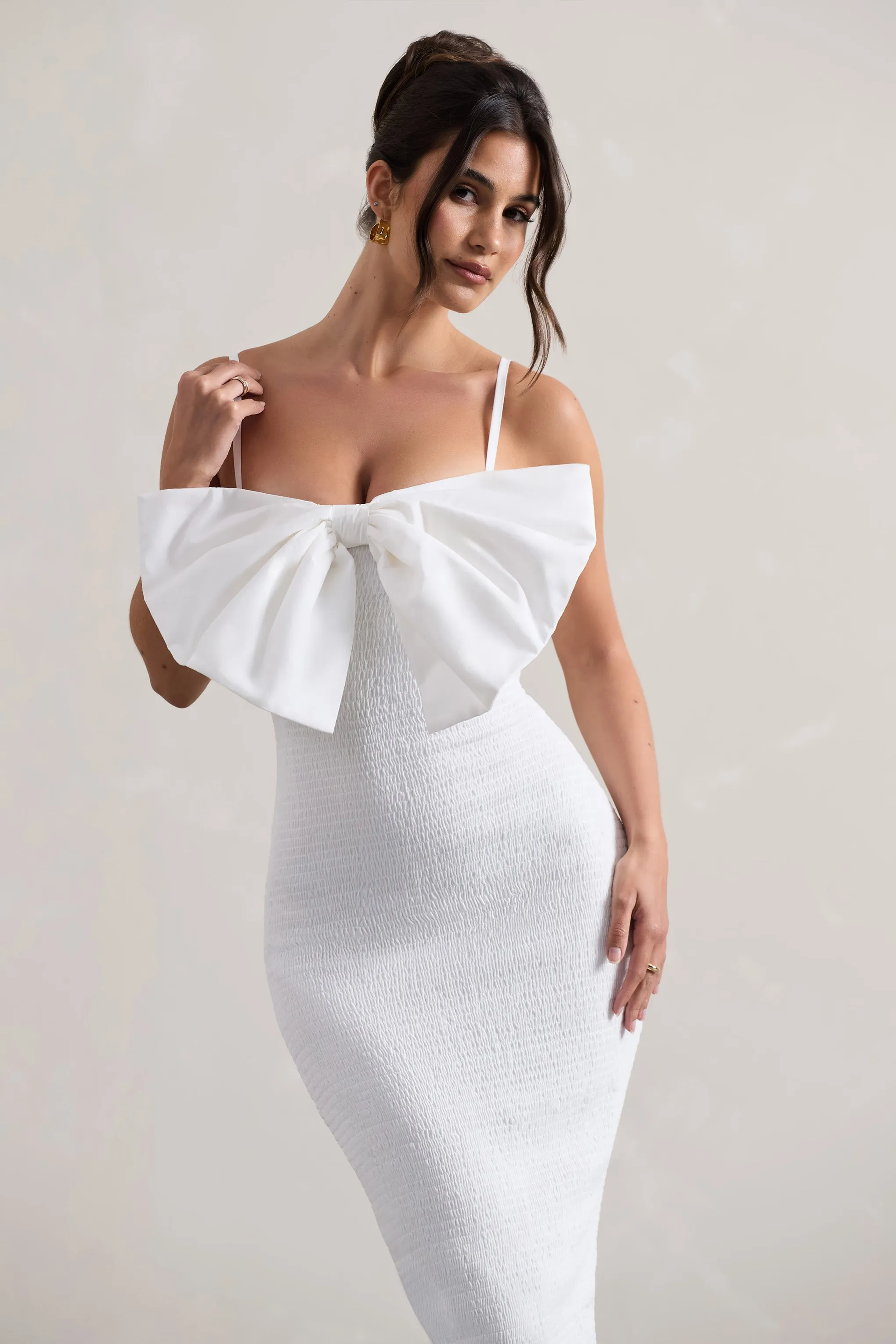 Love Poem | White Bodycon Midi Dress With Oversized Bow Club L London