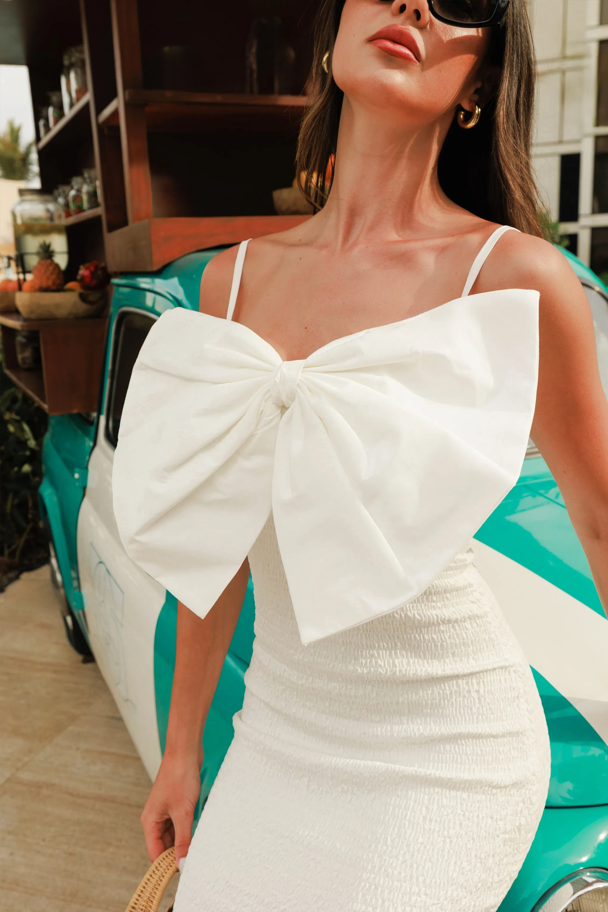 Love Poem | White Bodycon Midi Dress With Oversized Bow Club L London