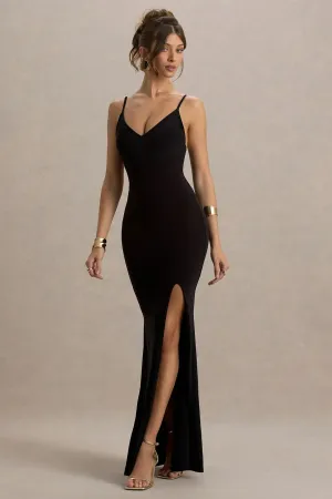 Love Shy | Black Plunge Neck Maxi Dress With Split Detail Club L London