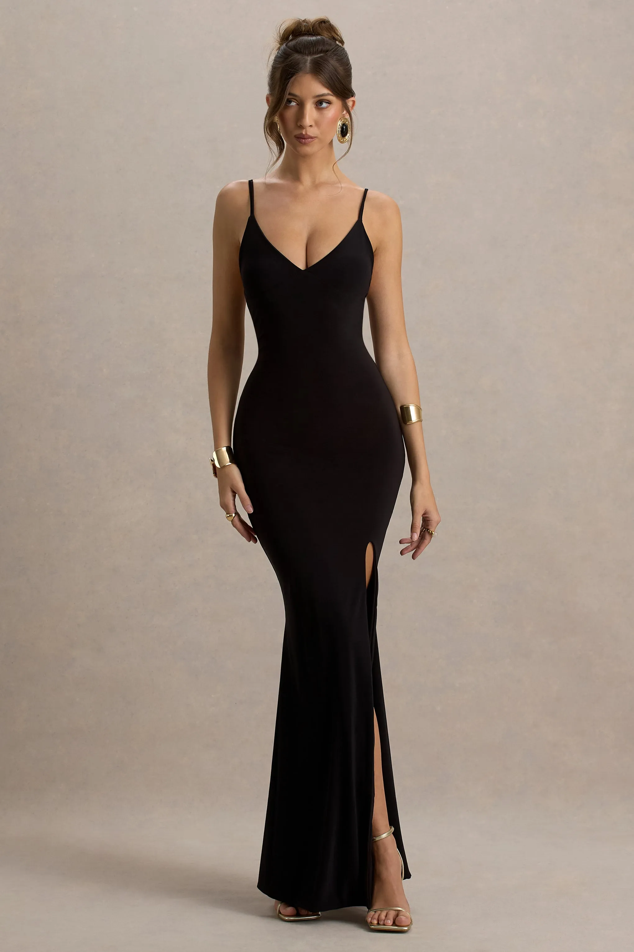Love Shy | Black Plunge Neck Maxi Dress With Split Detail Club L London