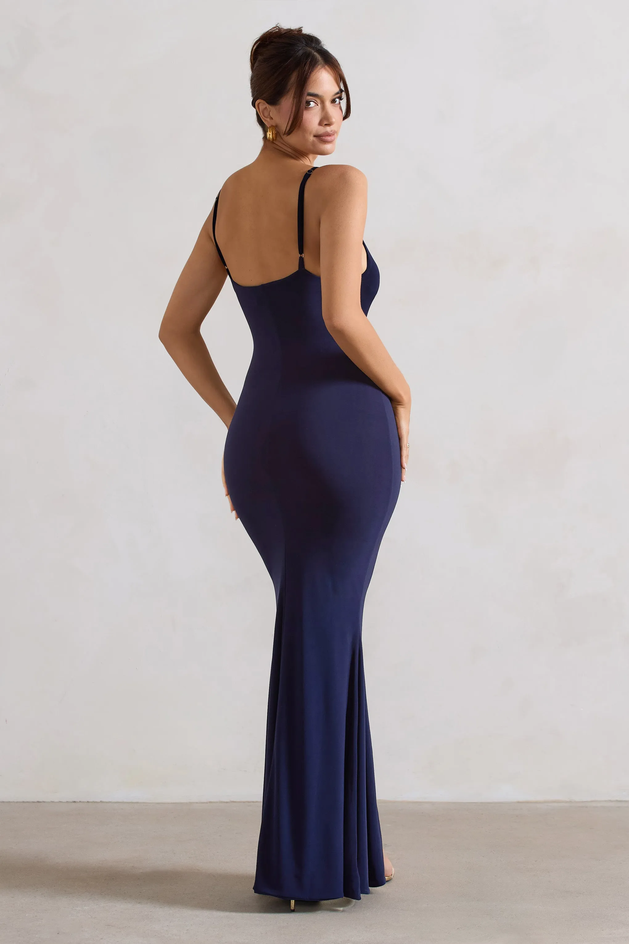Love Shy | Navy Plunge Neck Maxi Dress With Split Detail Club L London