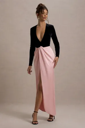 Love Spell | Black Velvet Plunge-Neck Maxi Dress With Pink Satin Skirt Club L London