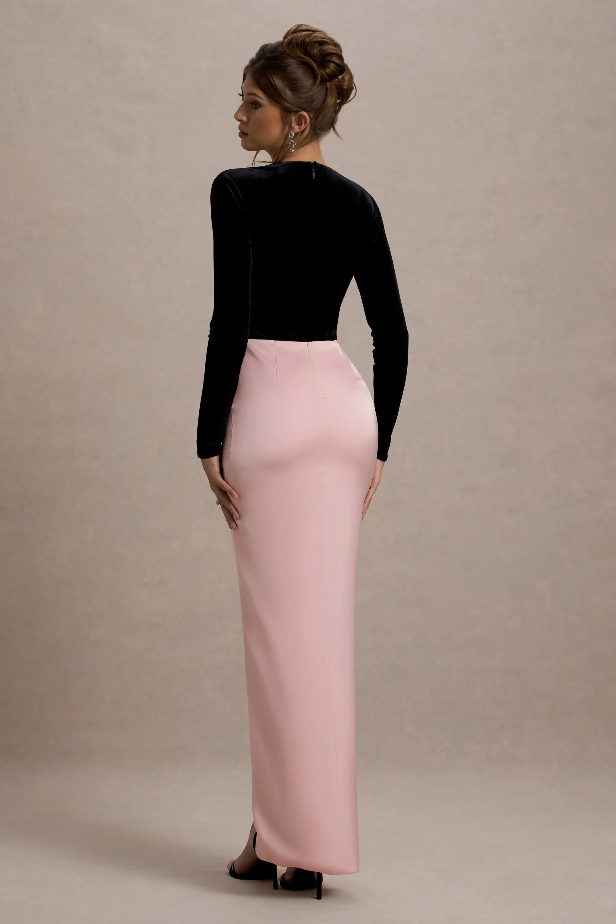 Love Spell | Black Velvet Plunge-Neck Maxi Dress With Pink Satin Skirt Club L London