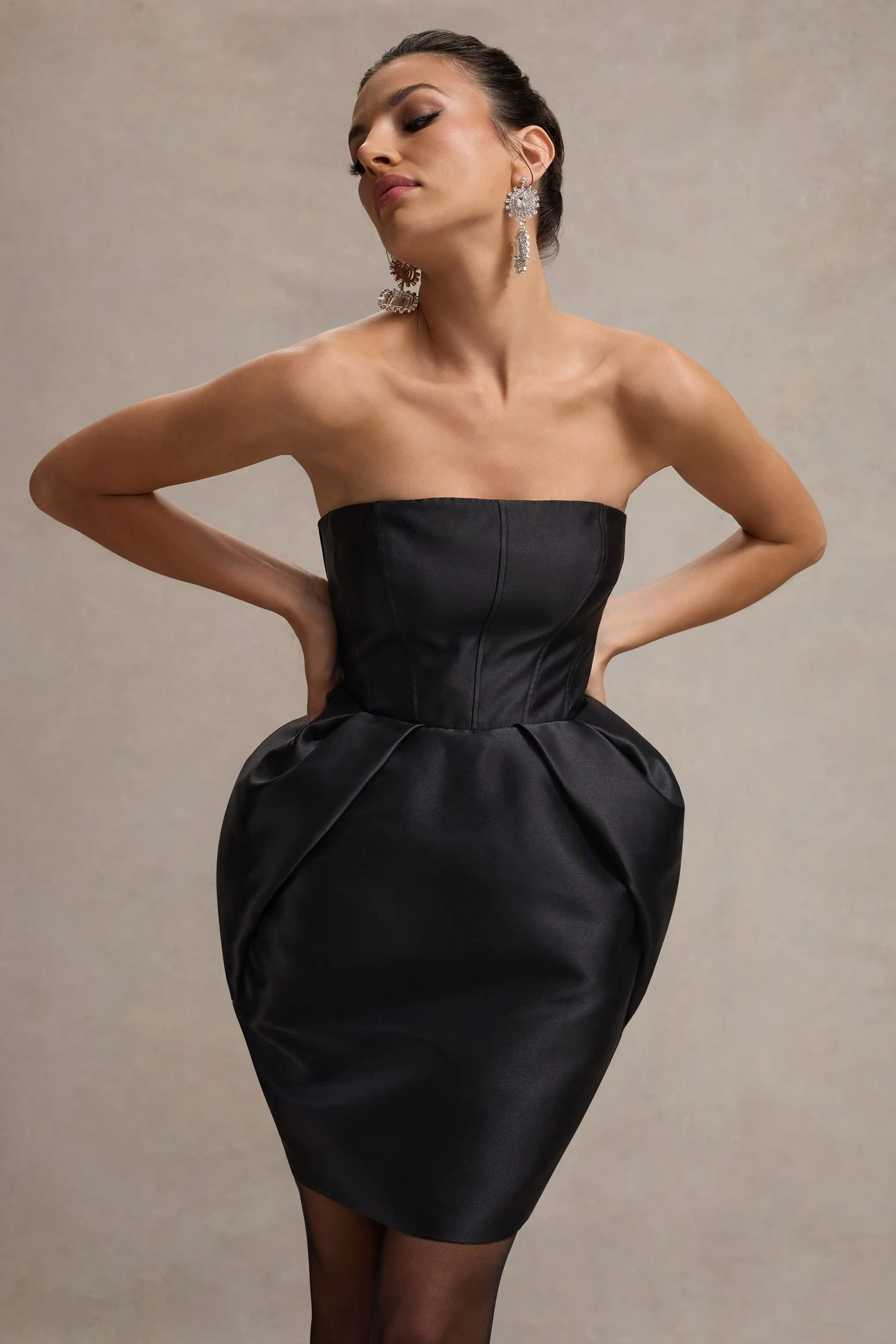 Lovebug | Black Bandeau Mini Dress With Tulip Skirt Club L London
