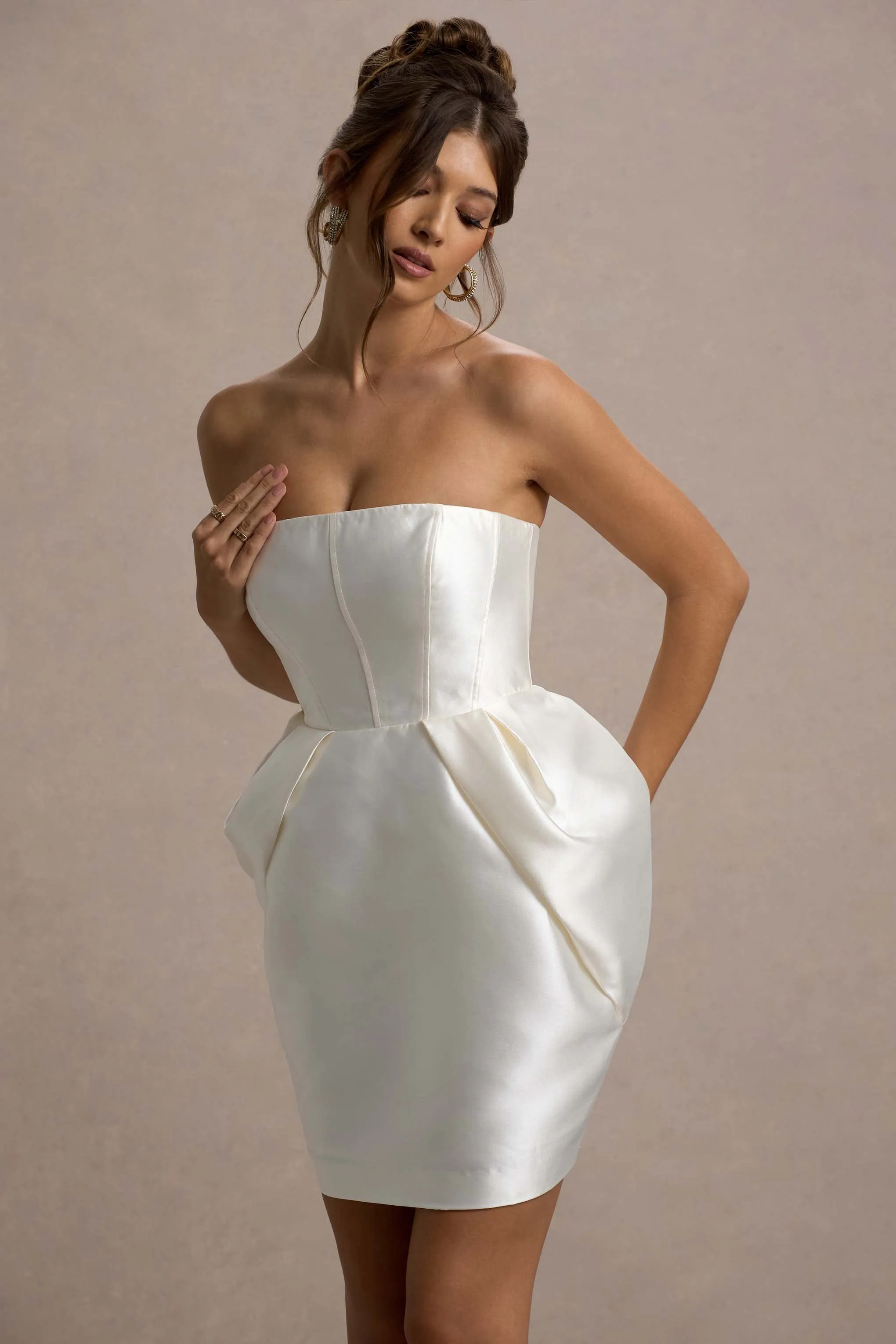 Lovebug | Ivory Bandeau Mini Dress With Tulip Skirt Club L London