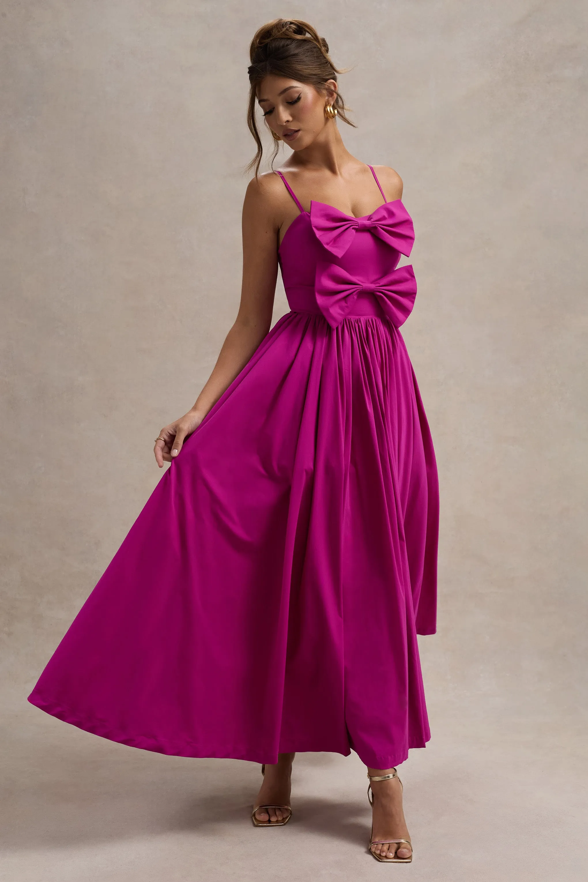 Loved Up | Fuschia Pink Strappy Pleated Maxi Dress With Bows Club L London