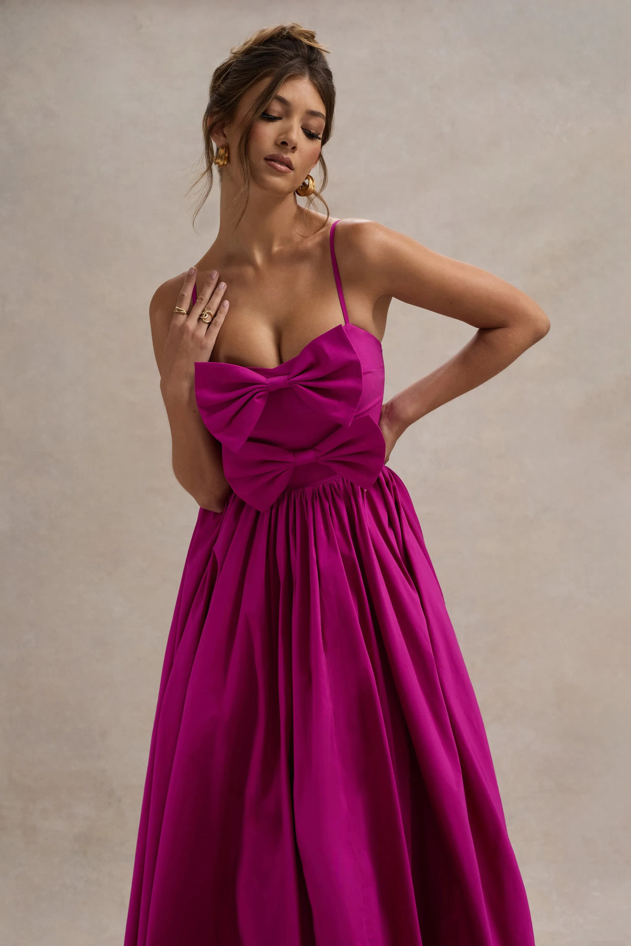 Loved Up | Fuschia Pink Strappy Pleated Maxi Dress With Bows Club L London