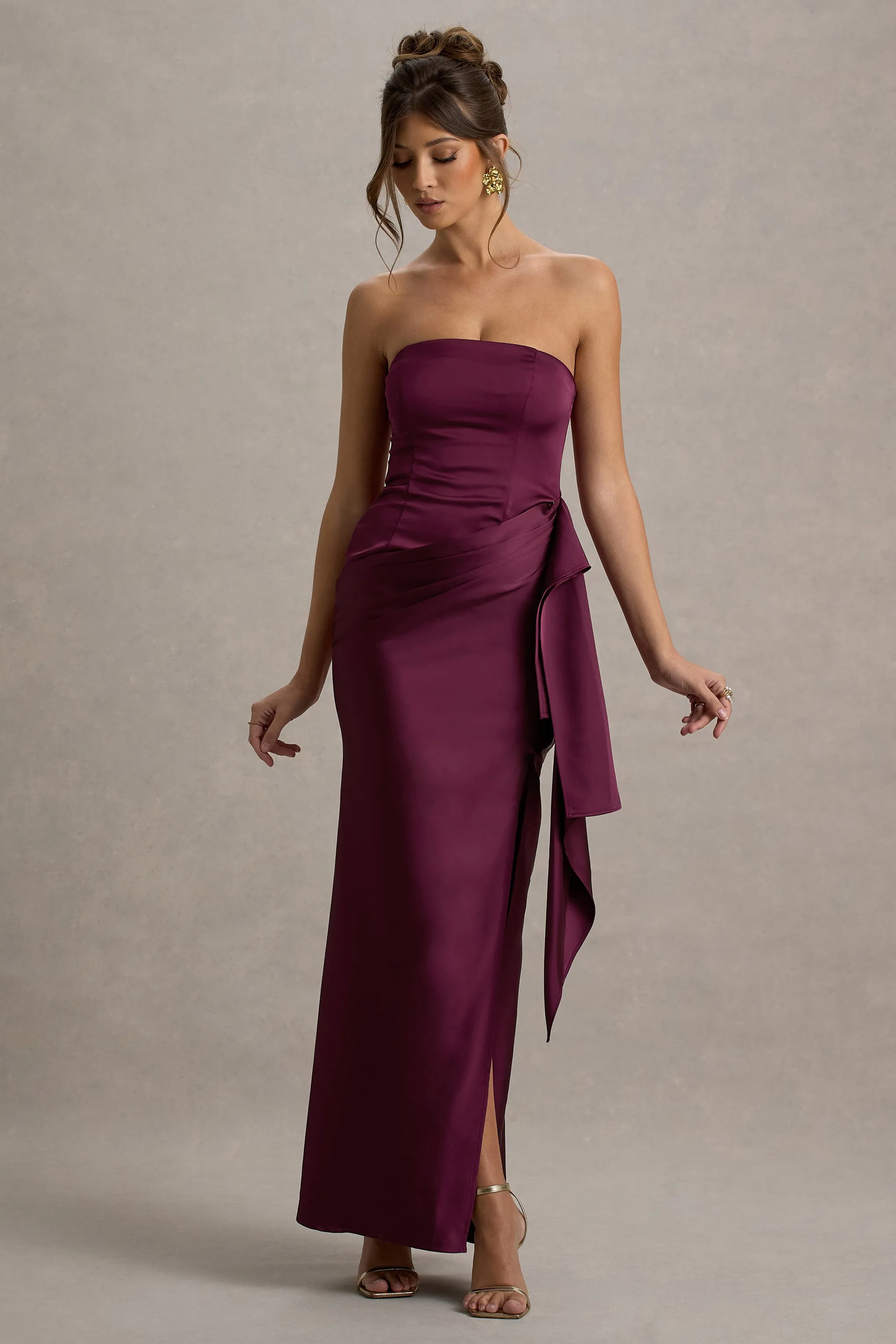Loz | Burgundy Satin Bandeau Draped Maxi Dress Club L London