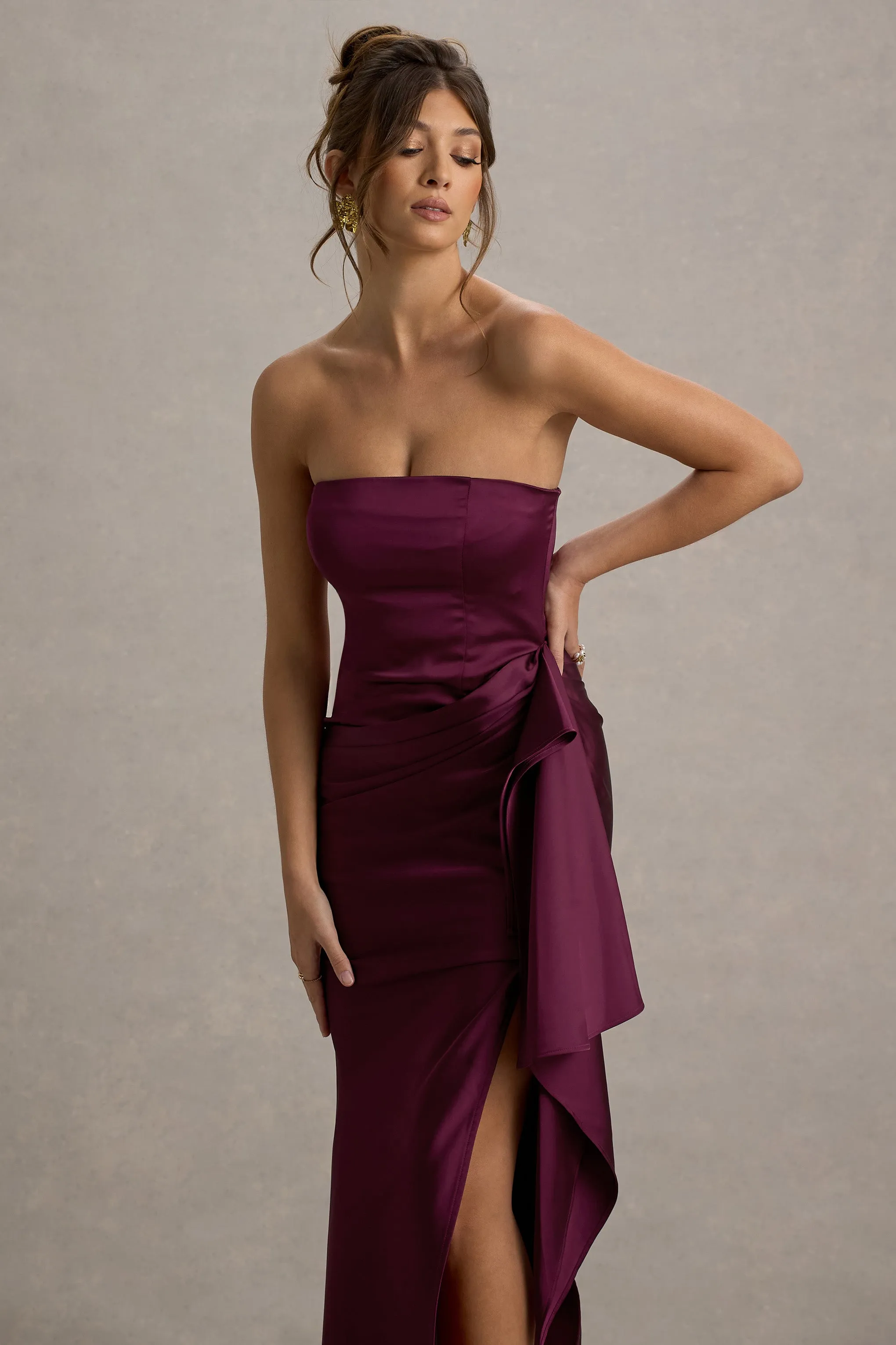 Loz | Burgundy Satin Bandeau Draped Maxi Dress Club L London